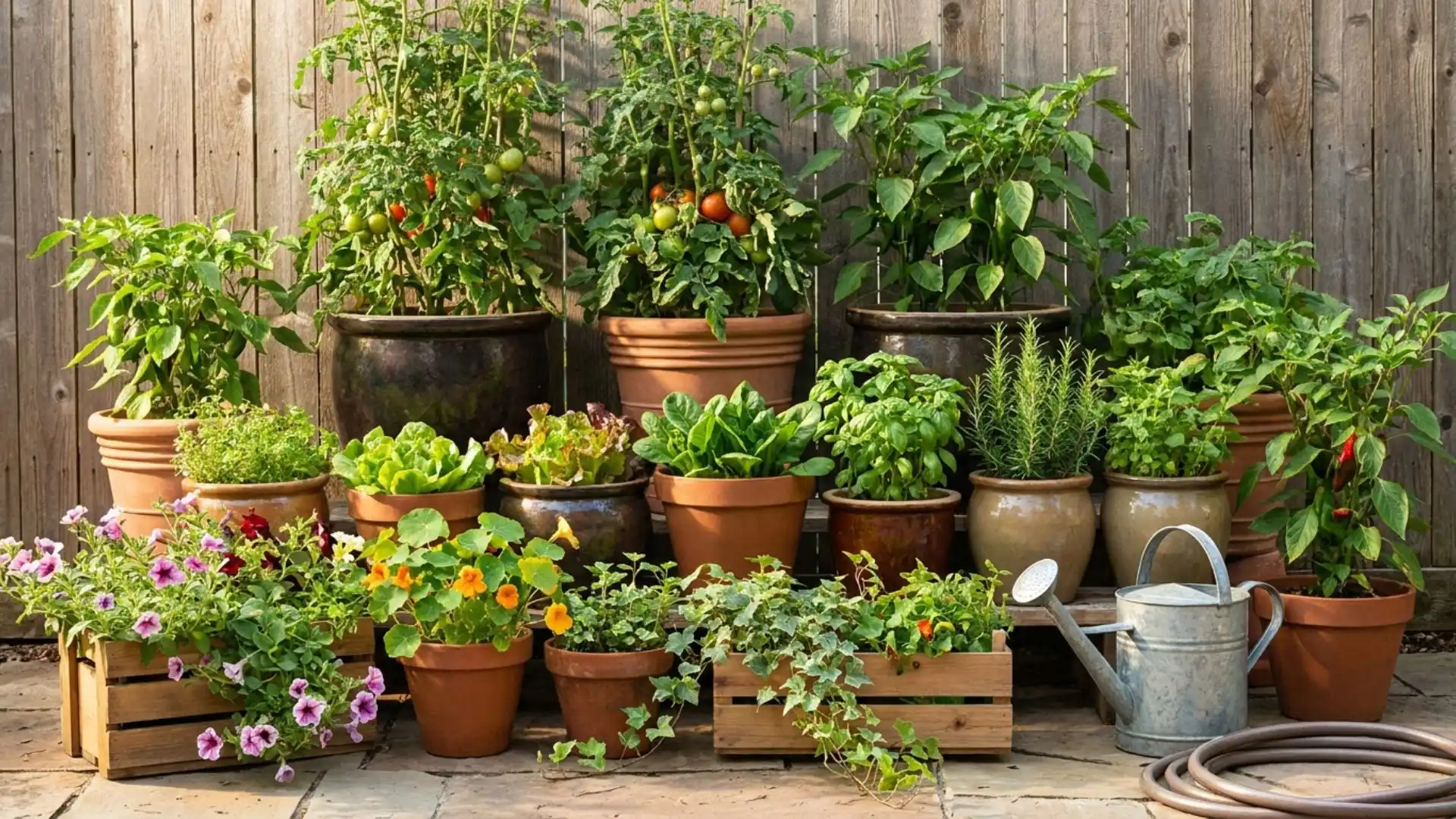 _A lush container garden featuring multiple potted plants, herbs, vegetables, and flowers arranged against a wooden fence