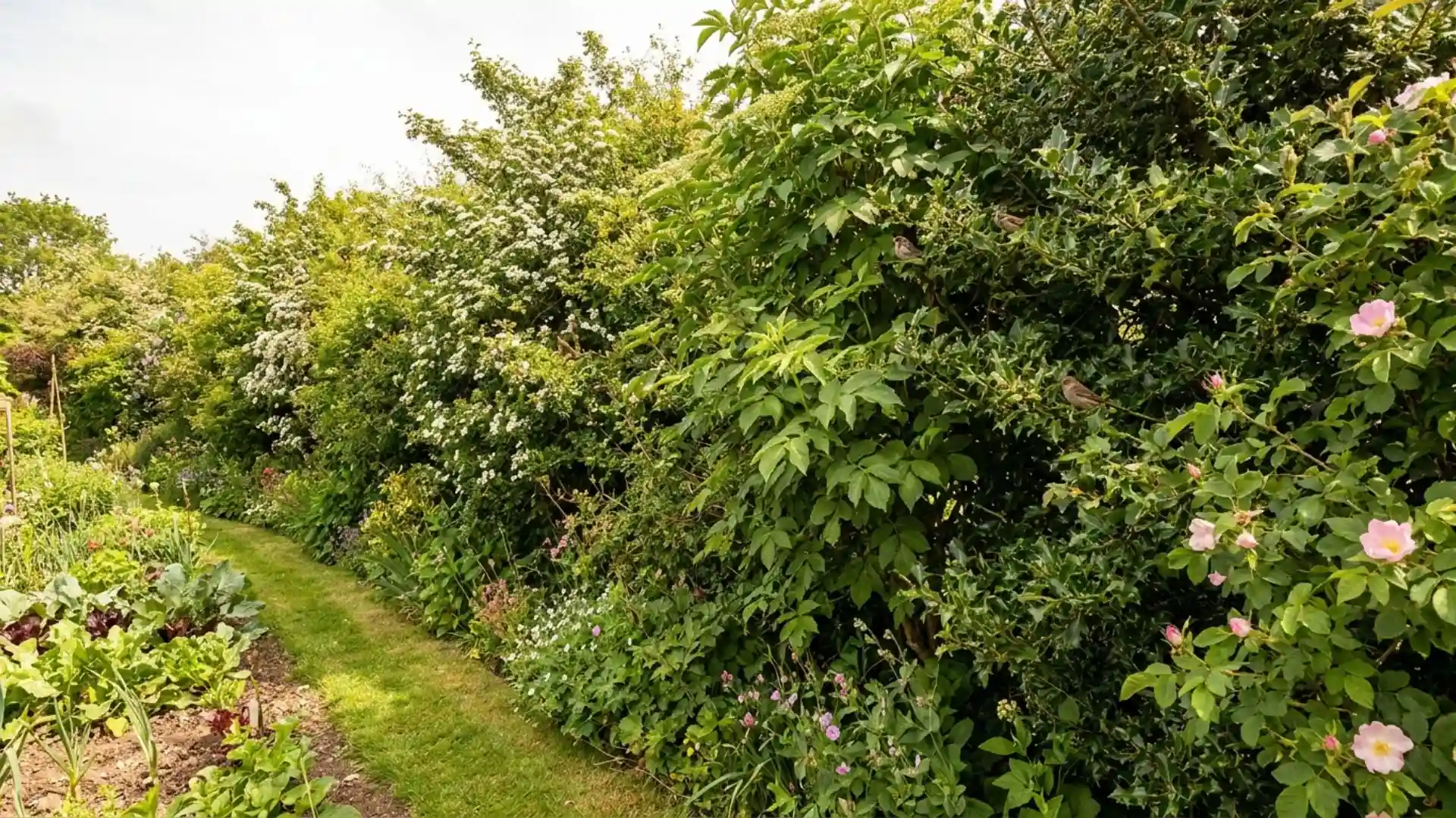 A lush green hedgerow with wild pink and white flowers growing alongside a grassy garden path and small vegetable plot