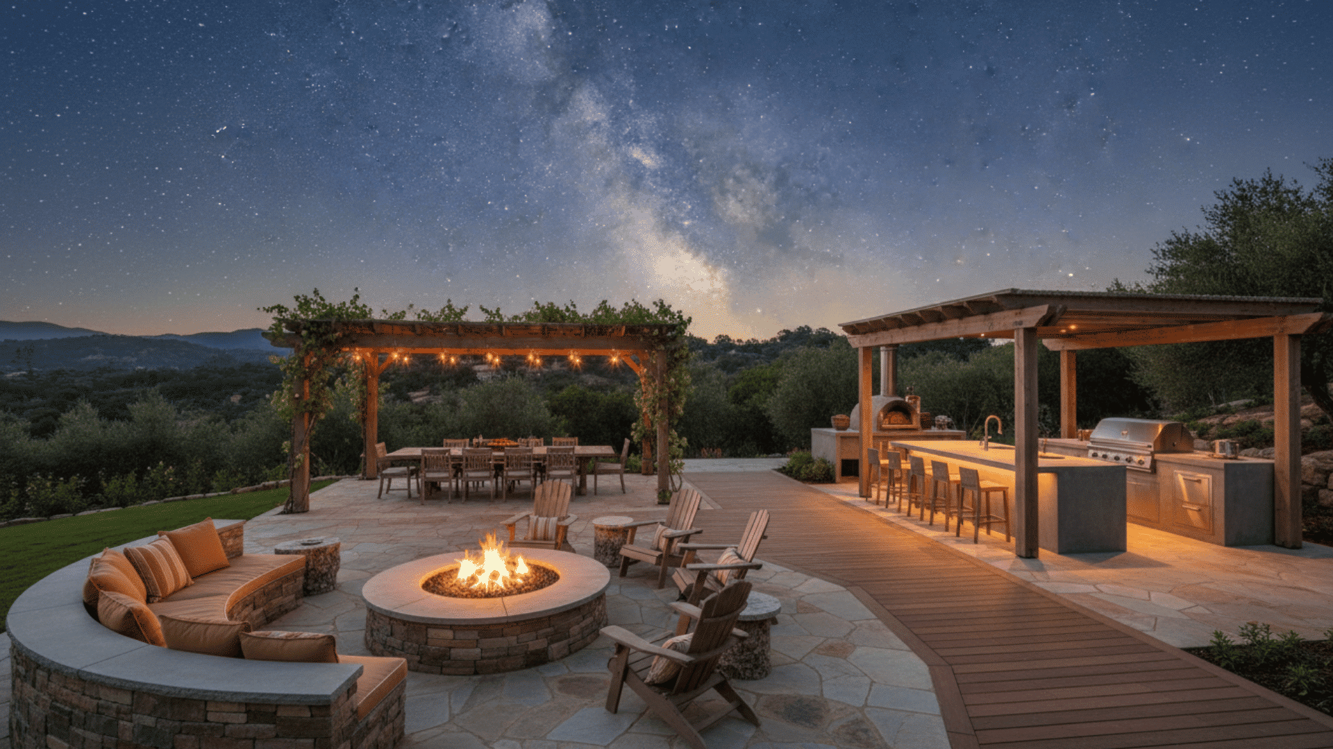 a luxurious outdoor patio at night with a circular fire pit surrounded by seating a dining area under a pergola and a covered kitchen with bar stools under a starry sky
