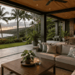 a luxury outdoor living space with ocean sunset views and tropical palm trees