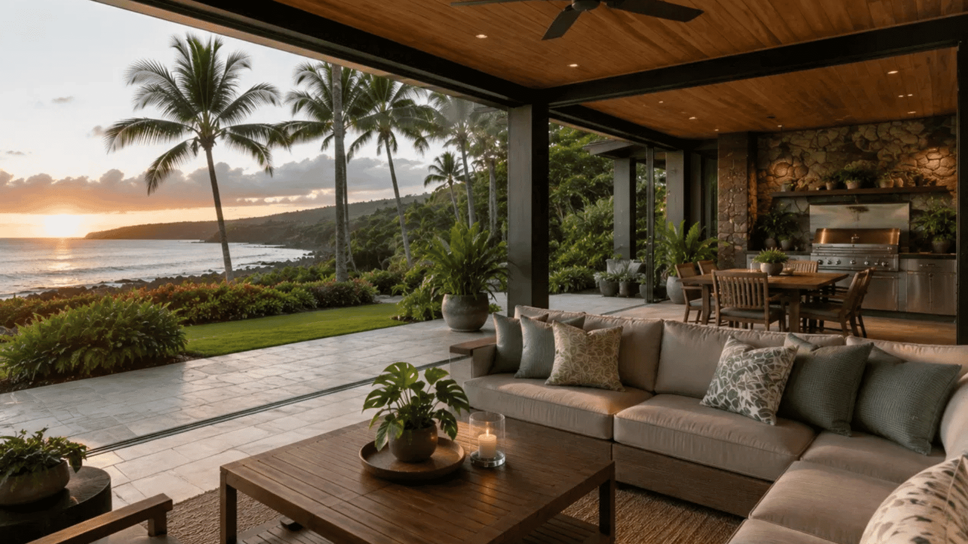 a luxury outdoor living space with ocean sunset views and tropical palm trees