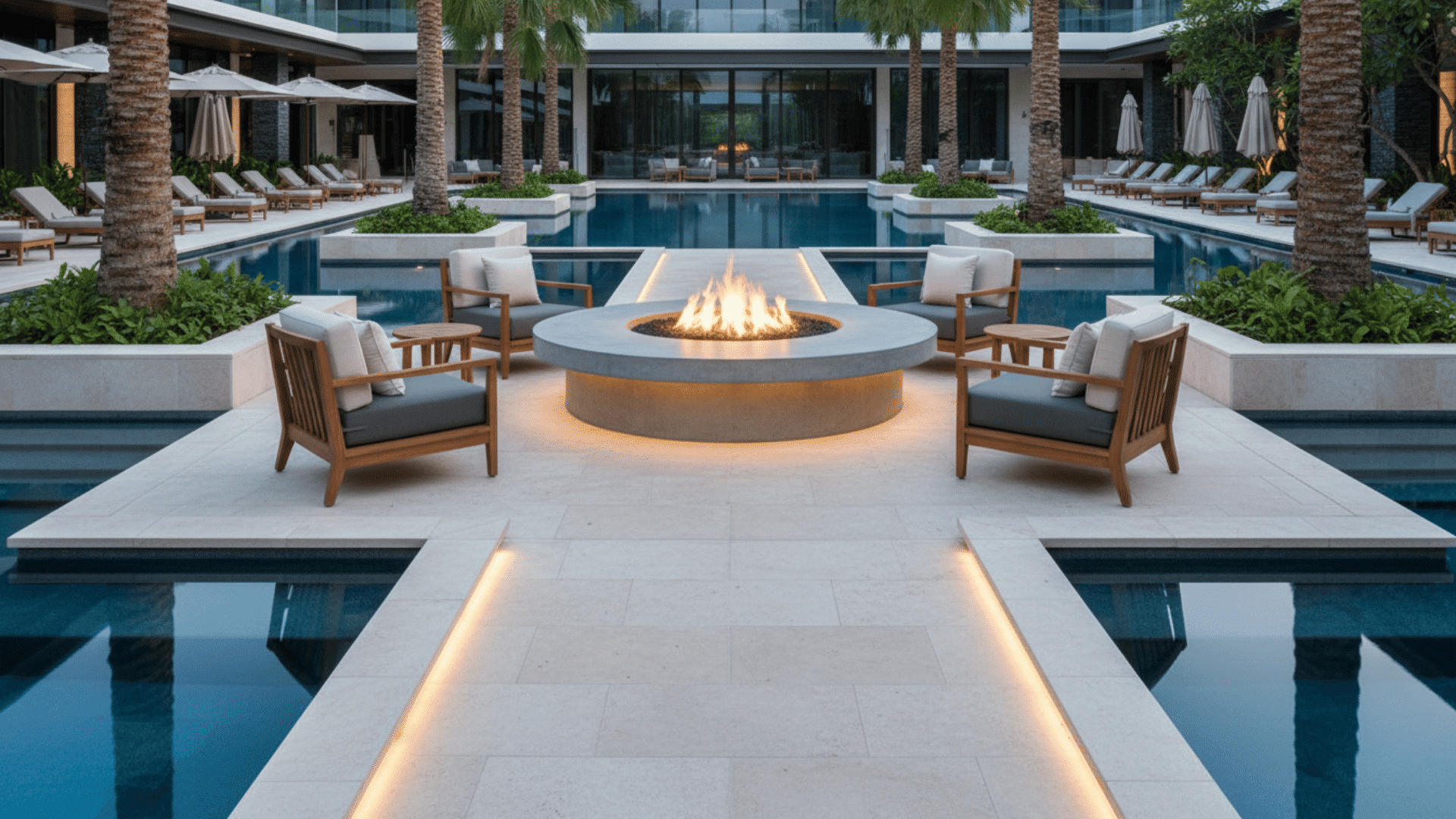 a luxury poolside patio with a round fire pit and cushioned wooden chairs surrounded by palm trees and water features