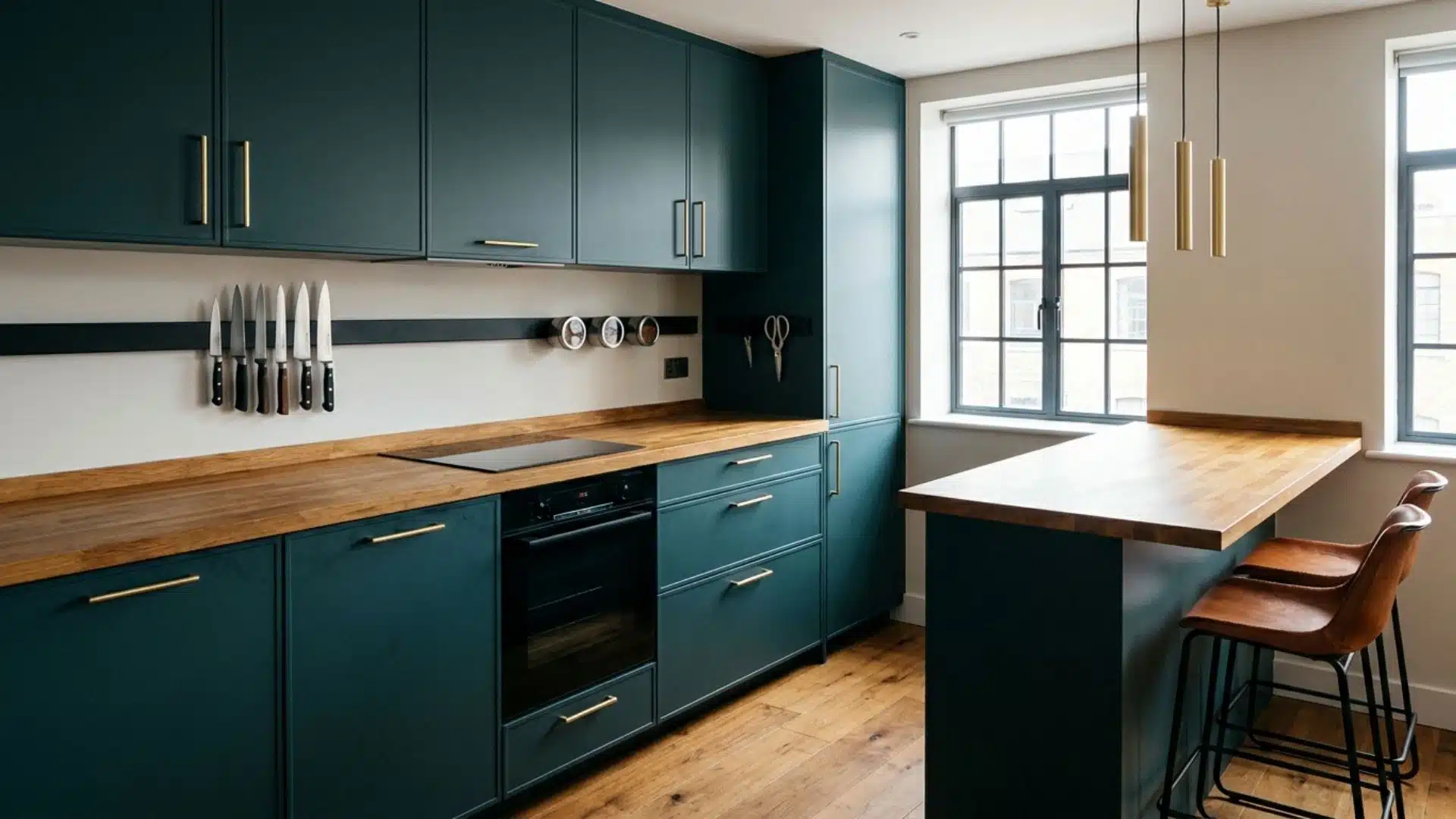 a compact kitchen with magnetic wall strips holding knives and spice jars above warm wood countertops
