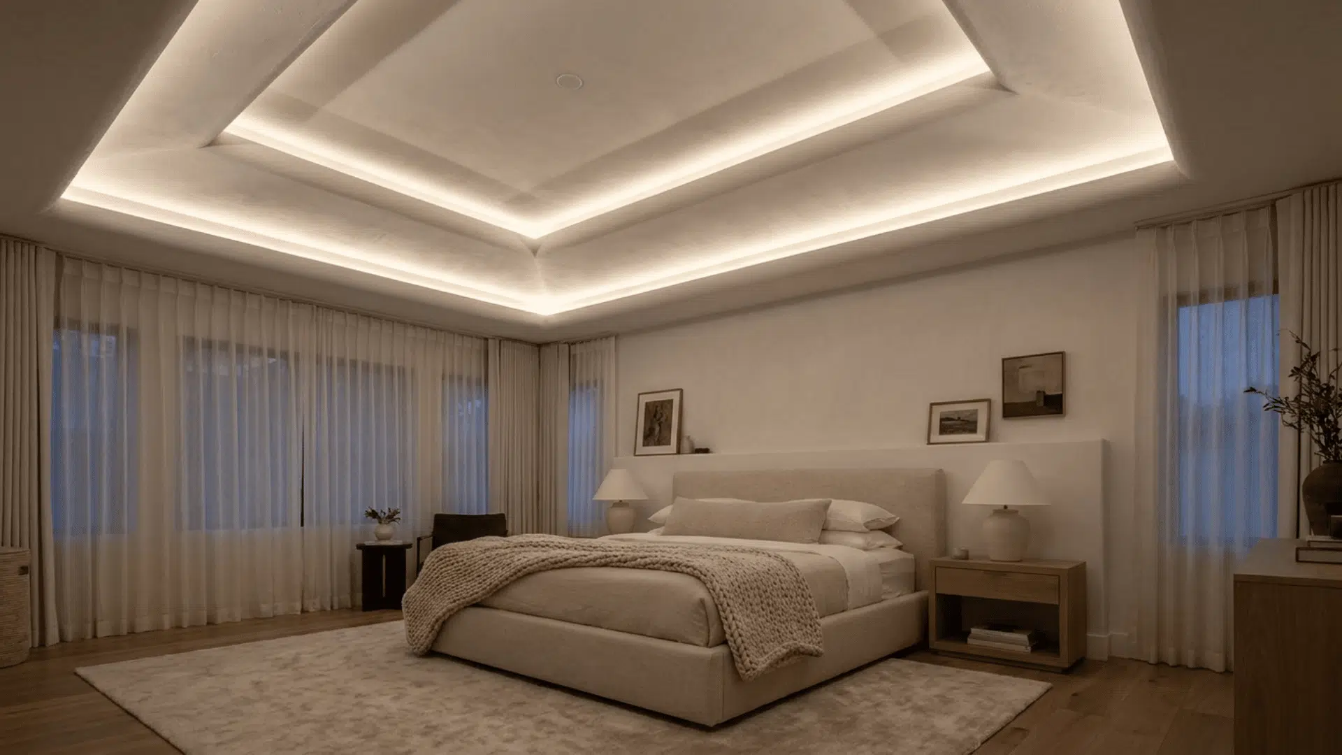 A master bedroom with a double tray ceiling two recessed layers with cove lighting, subtle shadows and soft warm light.
