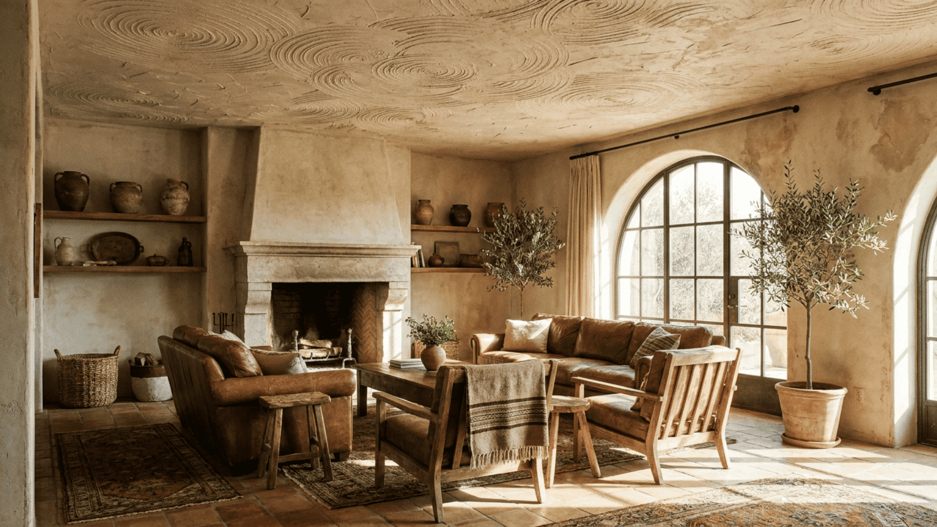 A Mediterranean-style living room with textured plaster ceiling in swirl and skip-trowel patterns.