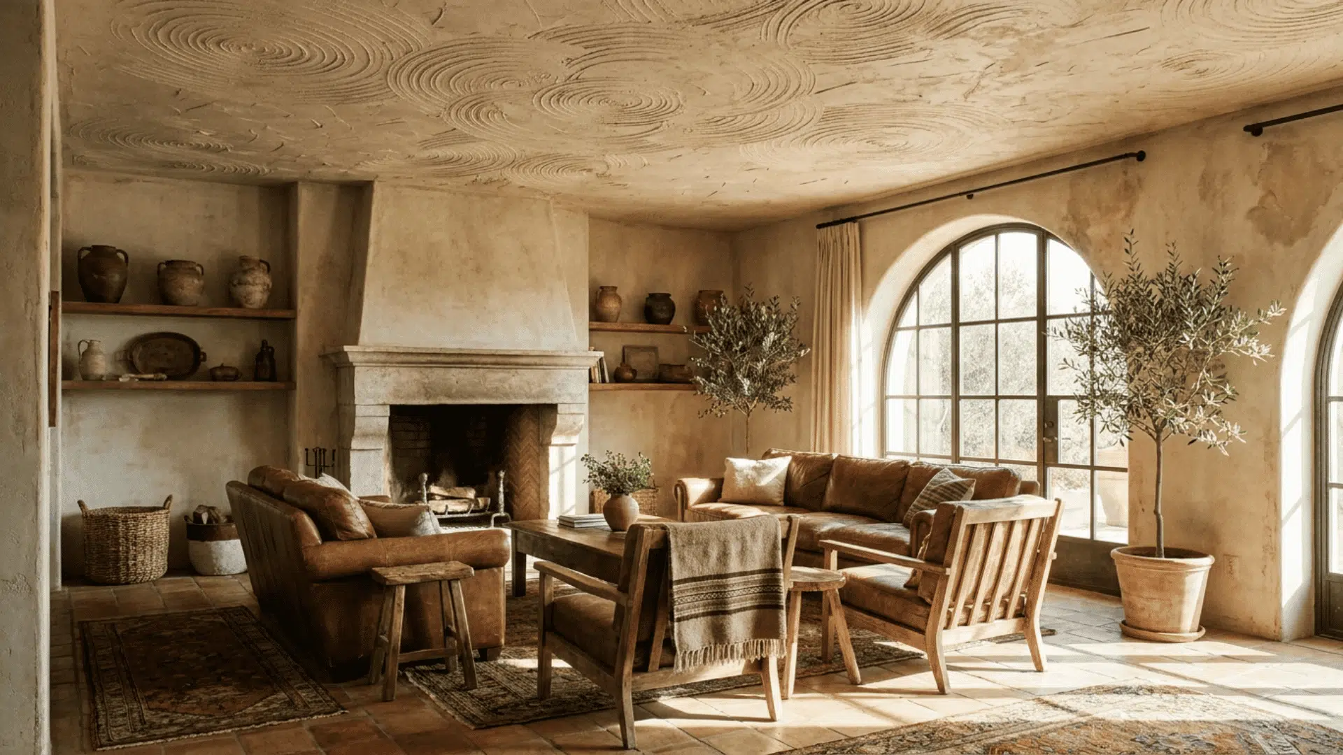 A Mediterranean-style living room with textured plaster ceiling in swirl and skip-trowel patterns.