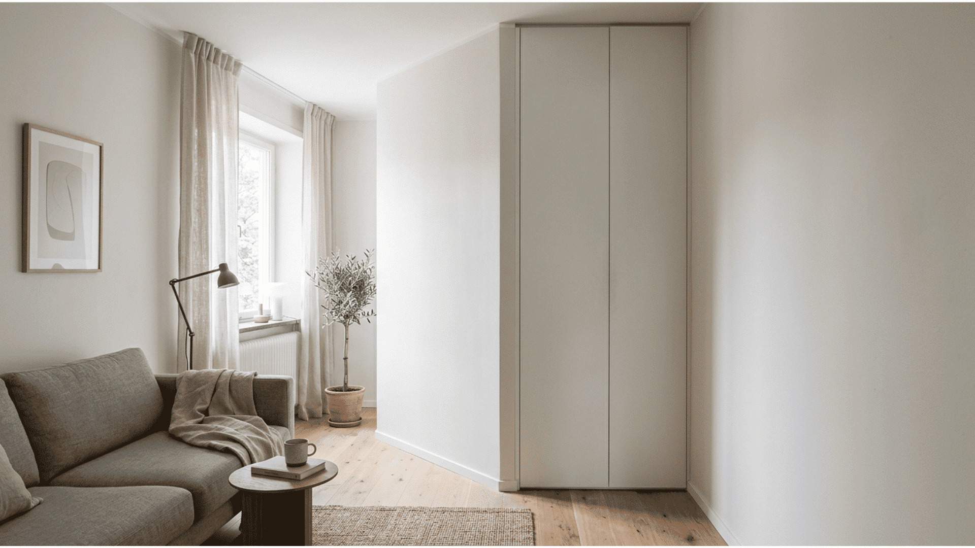 _a minimal living room with a tall floor to ceiling built in corner cabinet blending into the white walls next to a grey sofa and a small olive tree