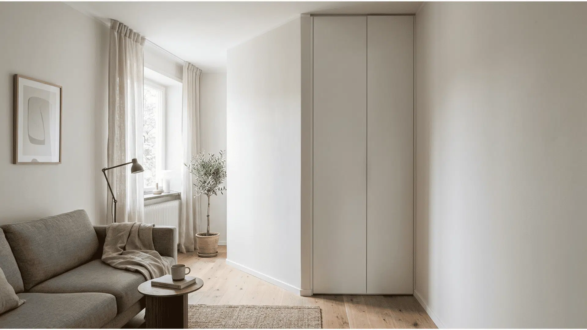 _a minimal living room with a tall floor to ceiling built in corner cabinet blending into the white walls next to a grey sofa and a small olive tree