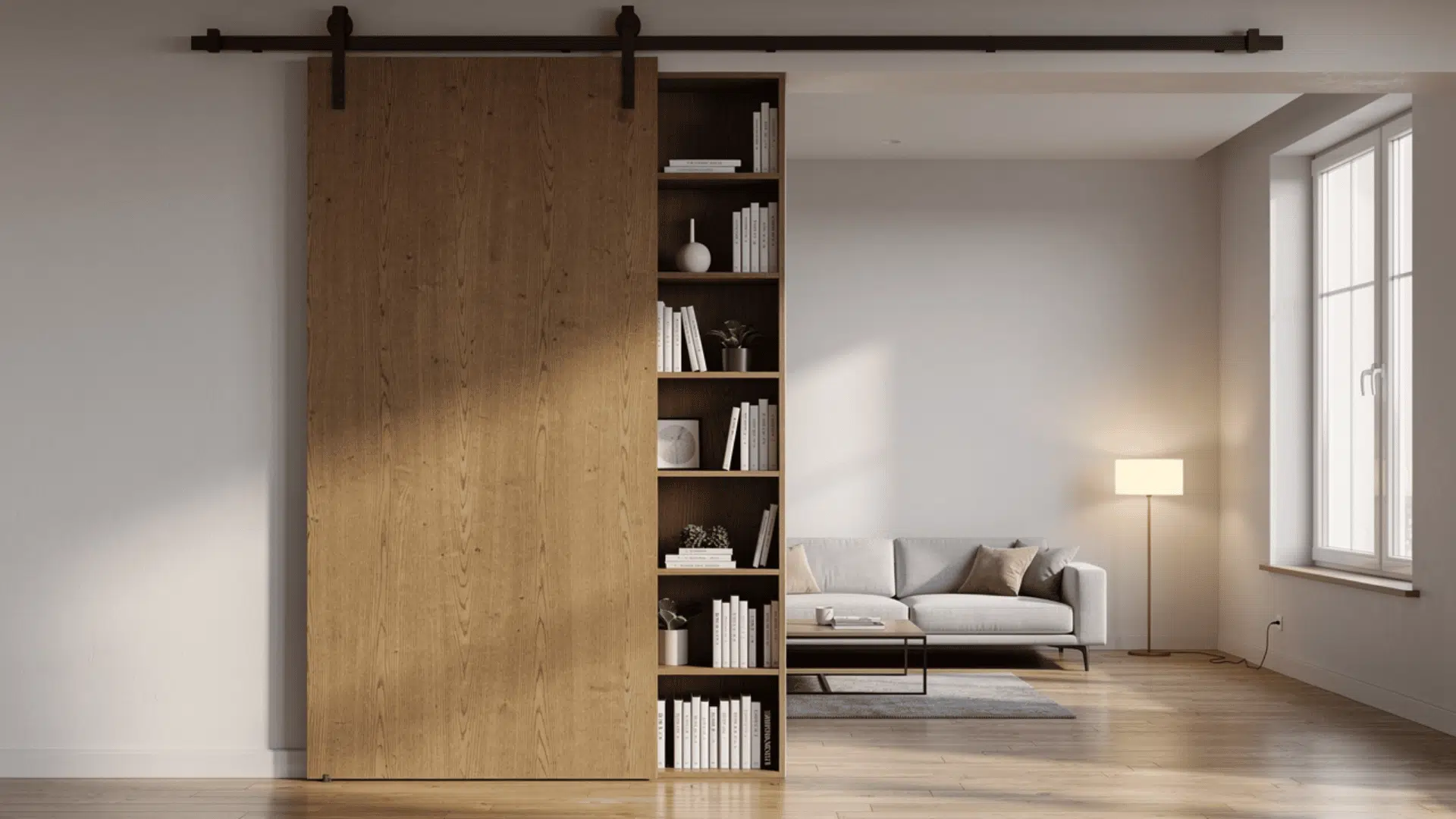 a minimal scandi living room with a grey sofa and a tall floor to ceiling built in corner cabinet painted to blend with the white walls (1)