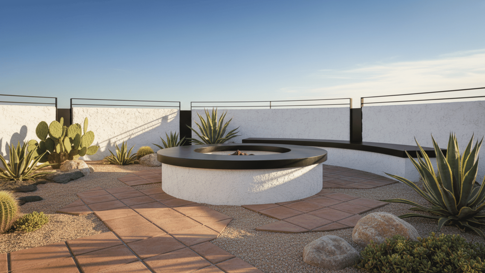 a minimalist desert rooftop patio with a round fire pit and curved bench surrounded by cacti and succulents