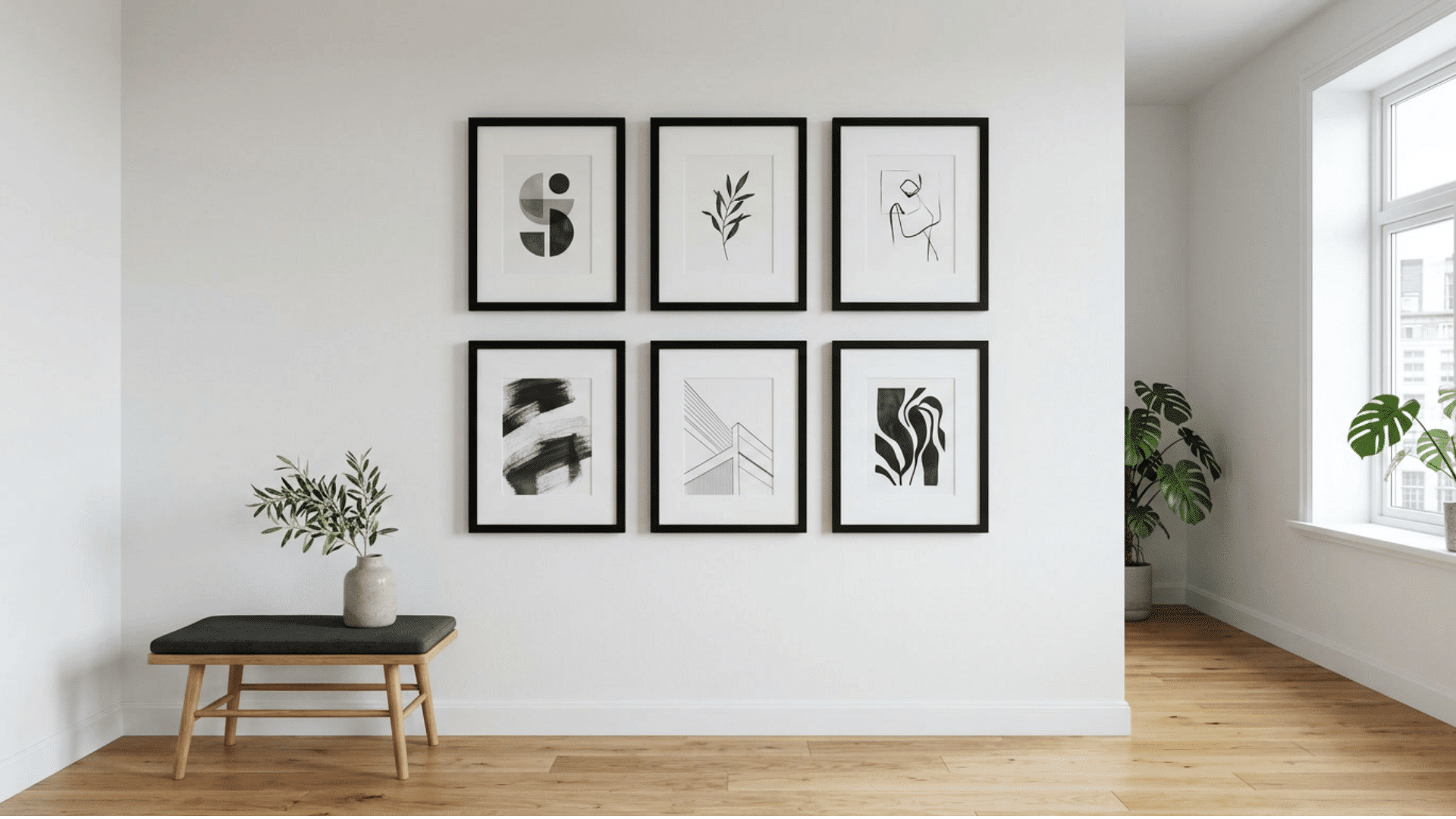 a minimalist gallery wall of six matching black framed prints arranged in a neat two by three grid on a white wall above a small wooden bench with a vase of branches