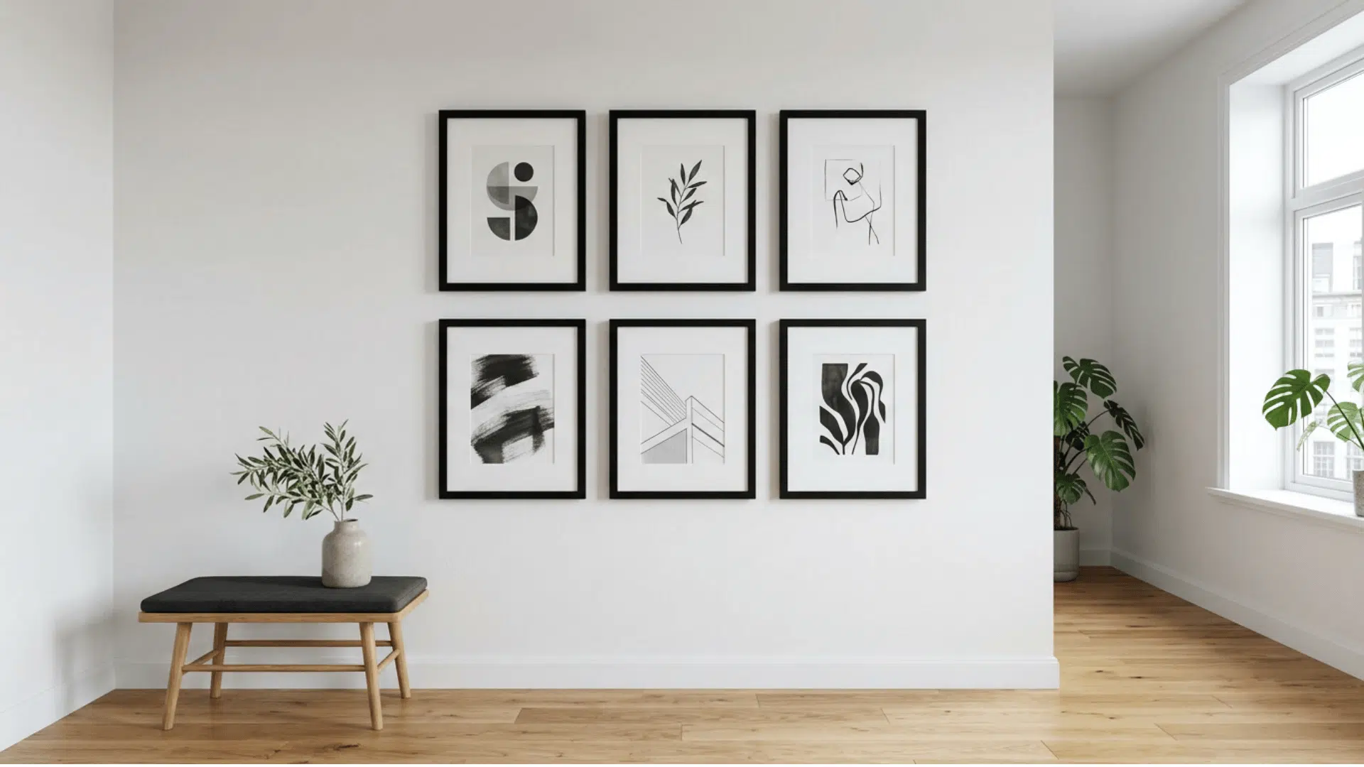 a minimalist gallery wall of six matching black framed prints arranged in a neat two by three grid on a white wall above a small wooden bench with a vase of branches