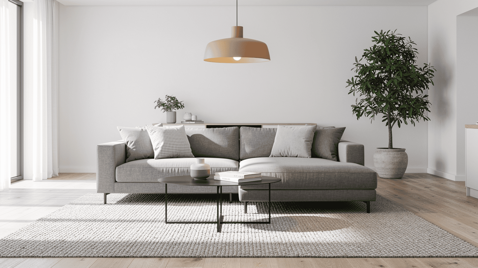 _a minimalist living room with a grey sectional sofa a round wooden coffee table a pendant light and a large potted tree on light wood floors