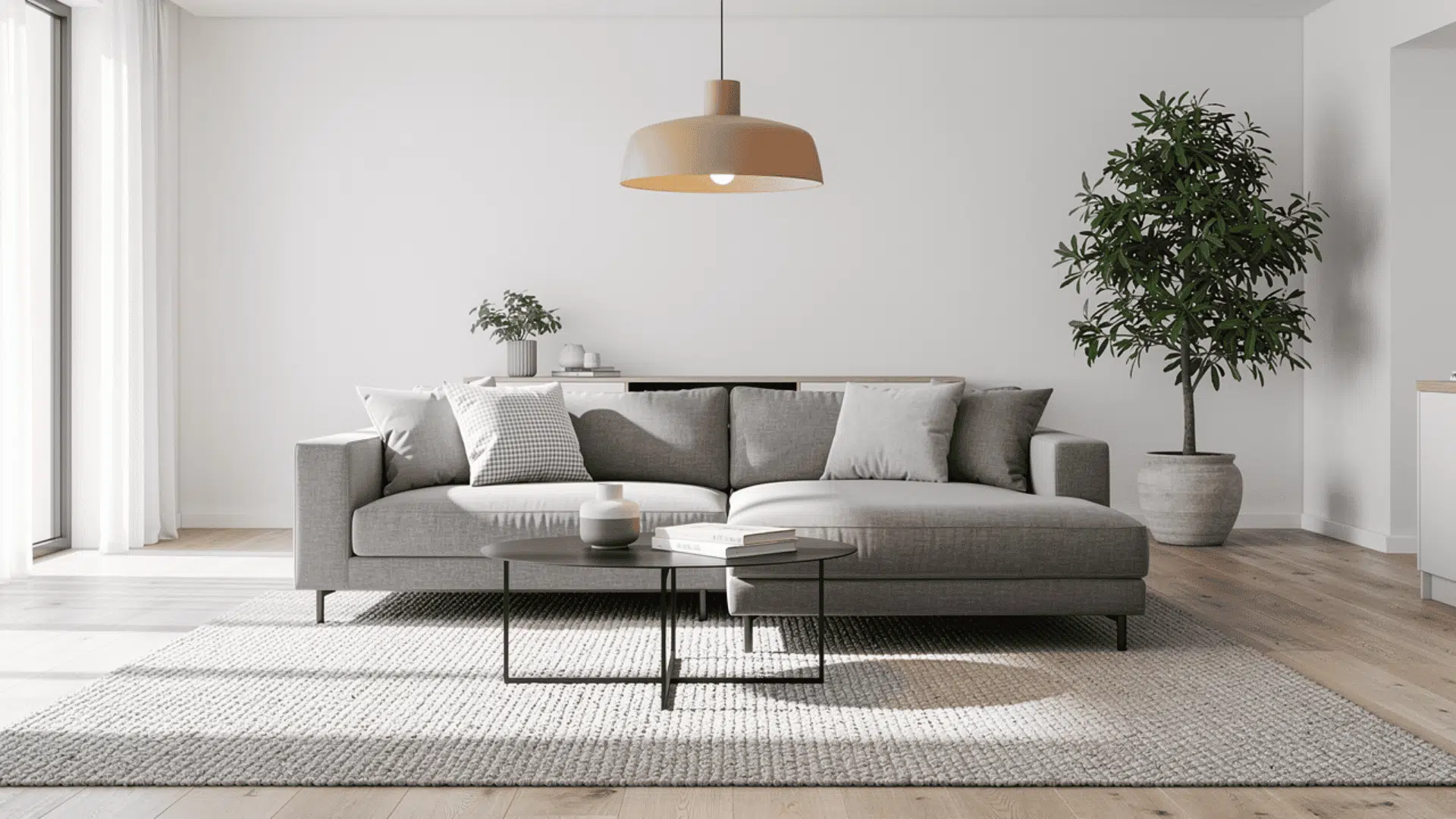 _a minimalist living room with a grey sectional sofa a round wooden coffee table a pendant light and a large potted tree on light wood floors