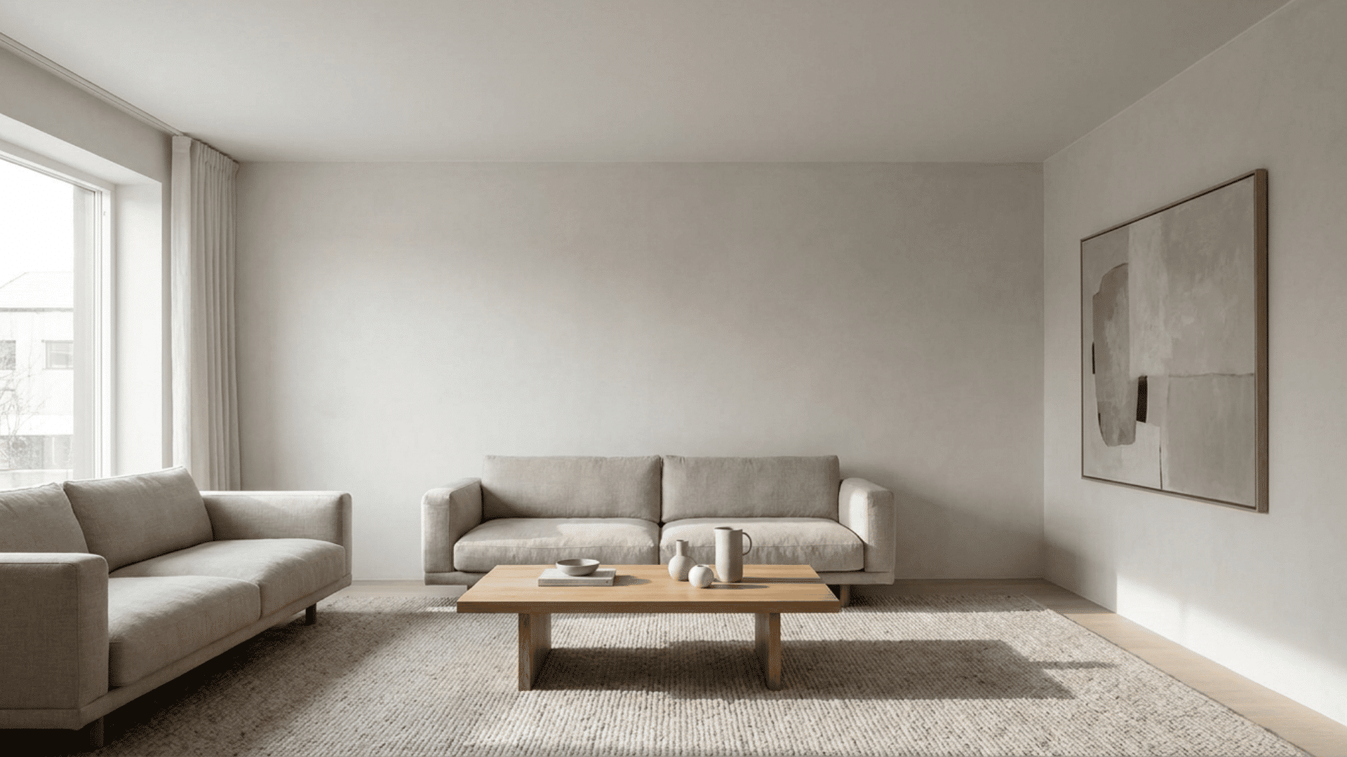 A minimalist living room with flat matte white ceiling. Natural daylight highlighting subtle shadows, clean and neutral textures, modern décor, quiet and sophisticated atmosphere. (1)