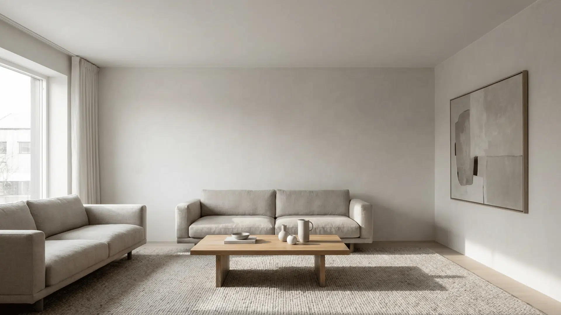 A minimalist living room with flat matte white ceiling. Natural daylight highlighting subtle shadows, clean and neutral textures, modern décor, quiet and sophisticated atmosphere. (1)