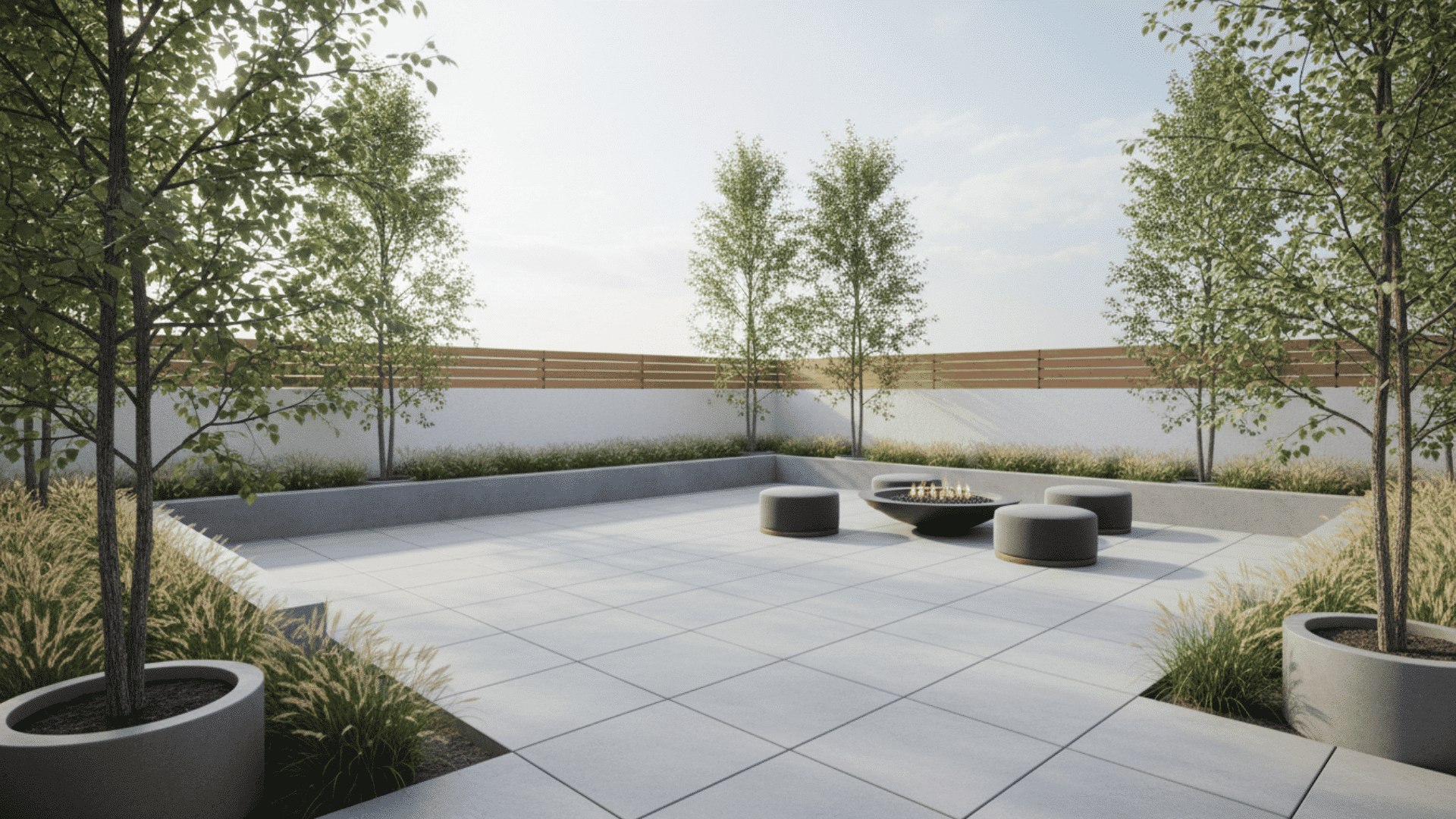 a minimalist outdoor patio with a round fire pit in the center surrounded by gray poufs and young trees in planters