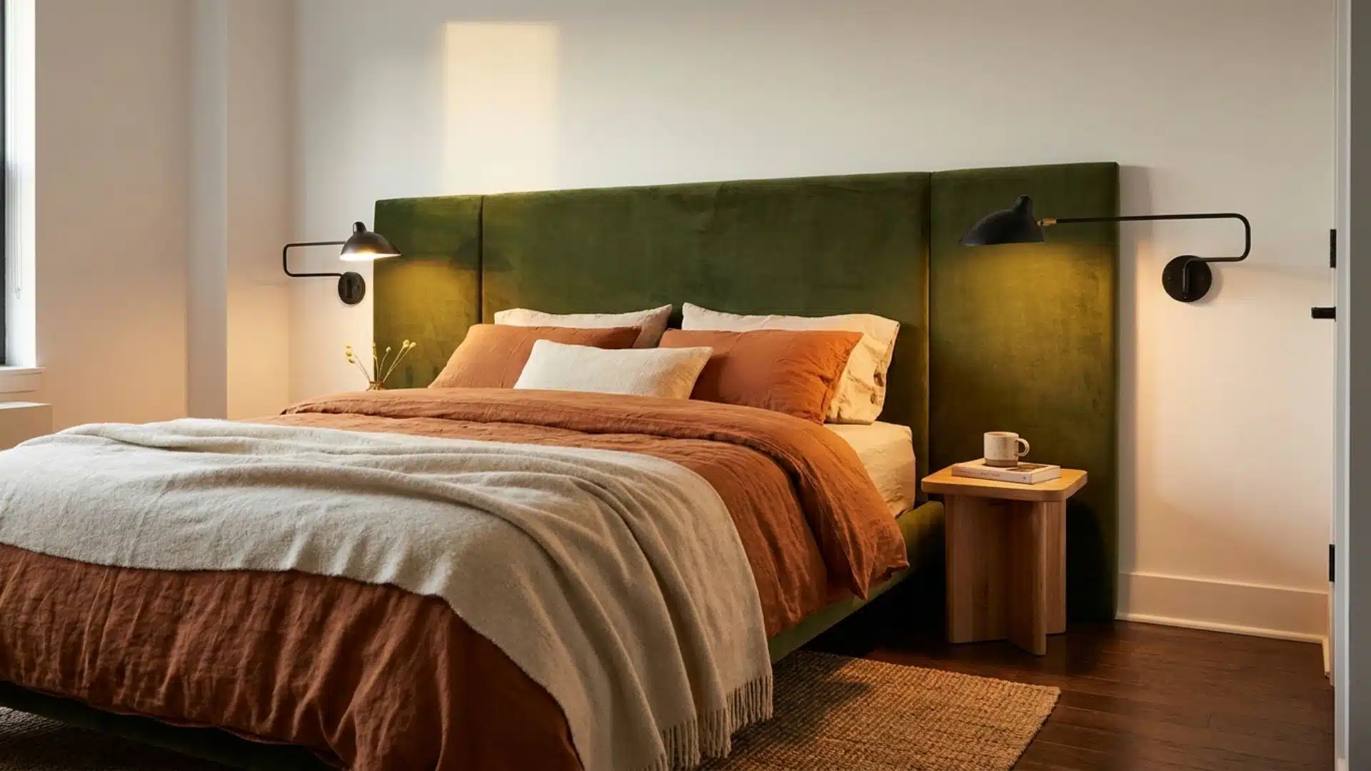 Olive green upholstered headboard wall creates a cozy focal point behind layered neutral bedding setup