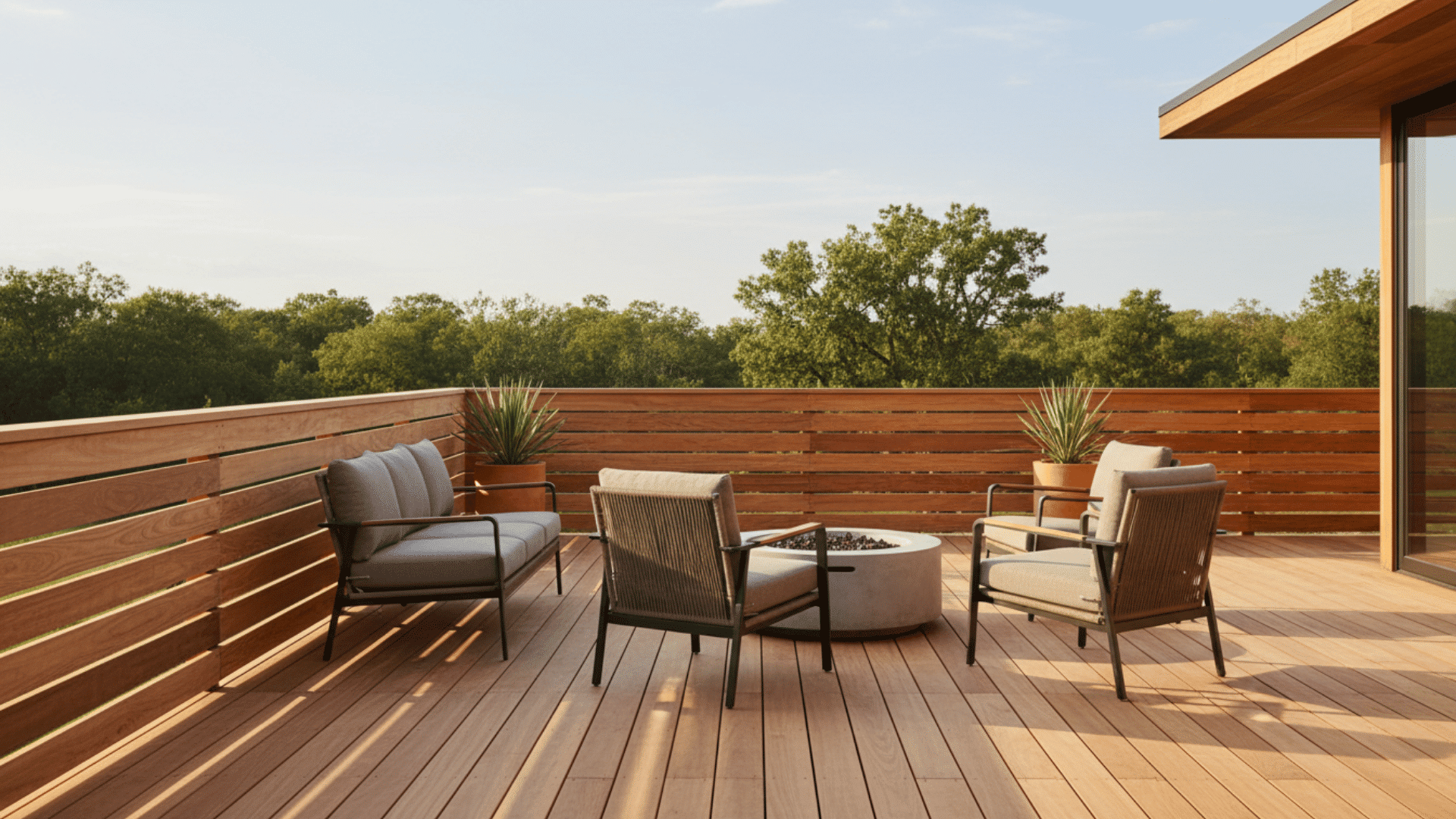A modern deck with horizontal cedar wood slat railings, mid-century modern style, wide view, warm natural wood realistic proportions.