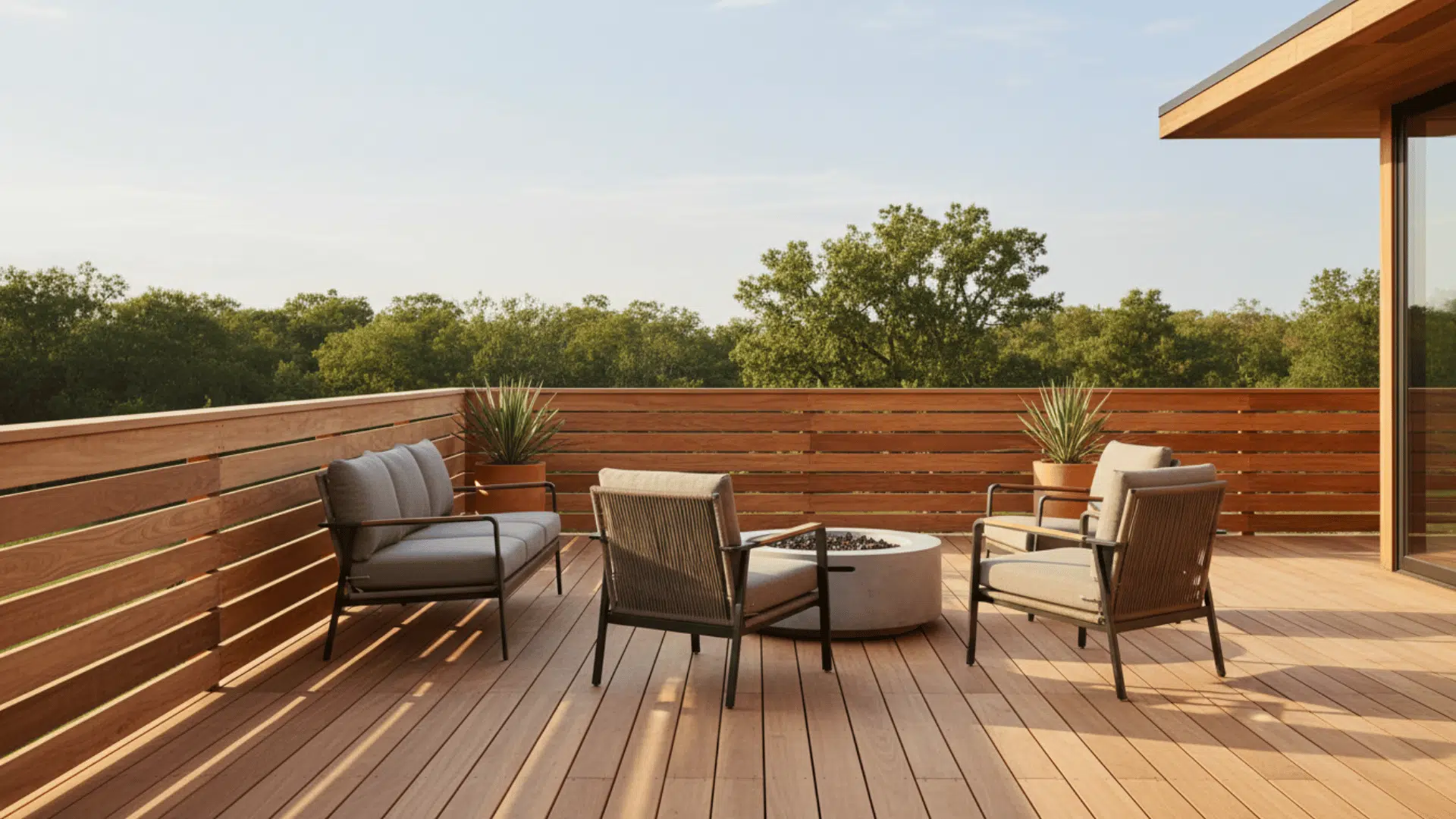 A modern deck with horizontal cedar wood slat railings, mid-century modern style, wide view, warm natural wood realistic proportions.