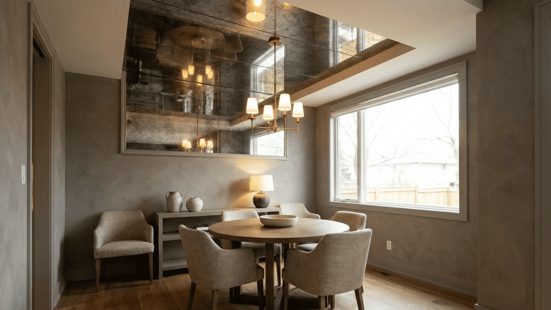 A modern dining room with a mirrored ceiling panel, Mirrors reflect natural and artificial light, making the room feel taller and brighter