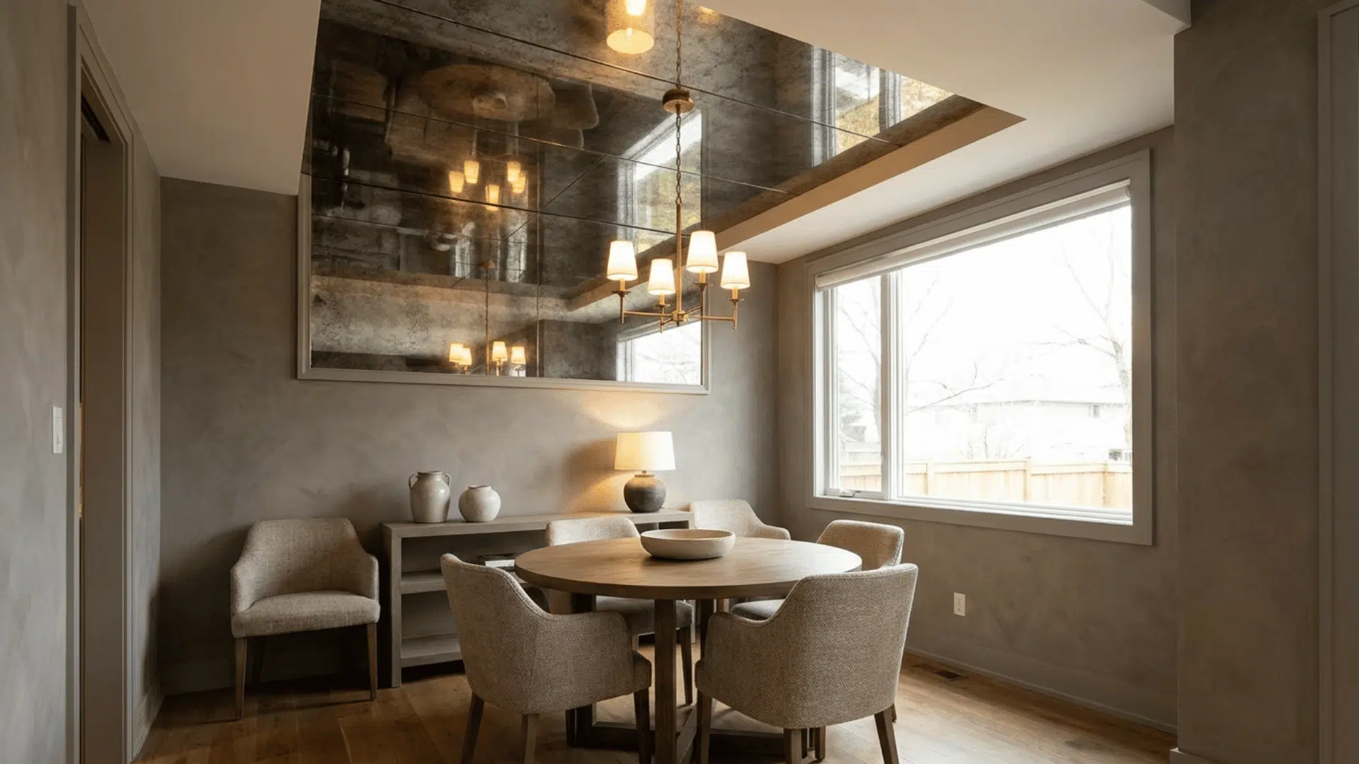 A modern dining room with a mirrored ceiling panel, Mirrors reflect natural and artificial light, making the room feel taller and brighter