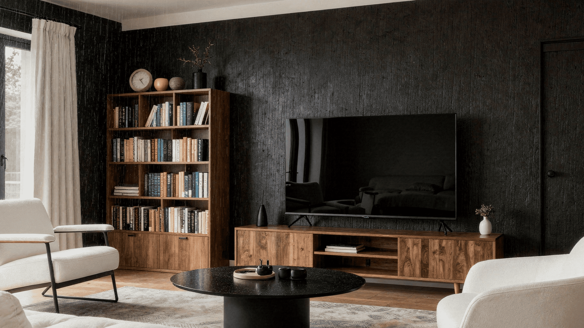 a modern house living room with a small library and tv in the centre of the room with sofas
