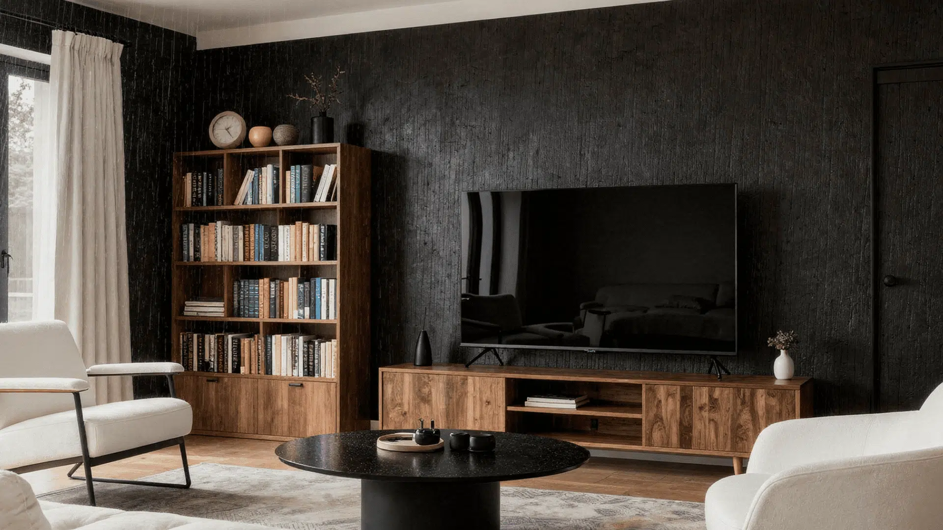 a modern house living room with a small library and tv in the centre of the room with sofas