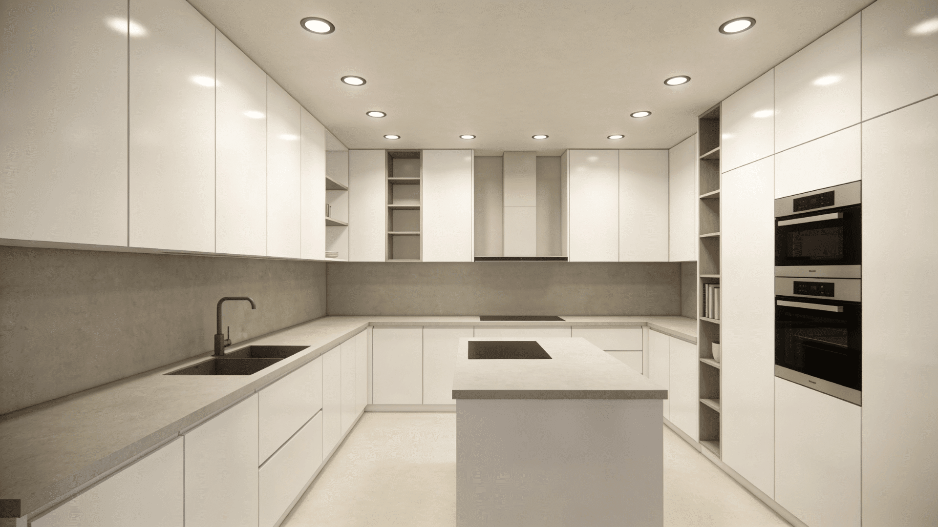 A modern kitchen with flat false ceiling, evenly spaced recessed downlights.
