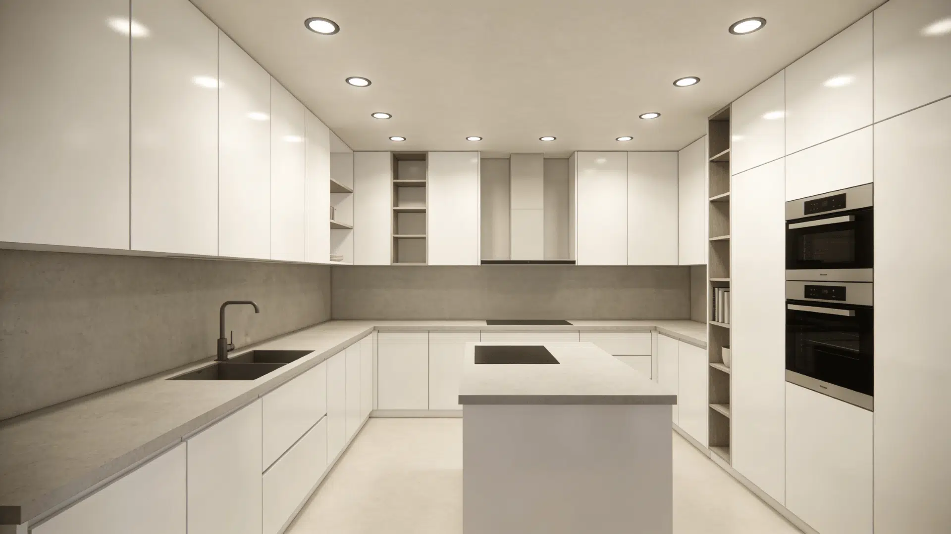 A modern kitchen with flat false ceiling, evenly spaced recessed downlights.