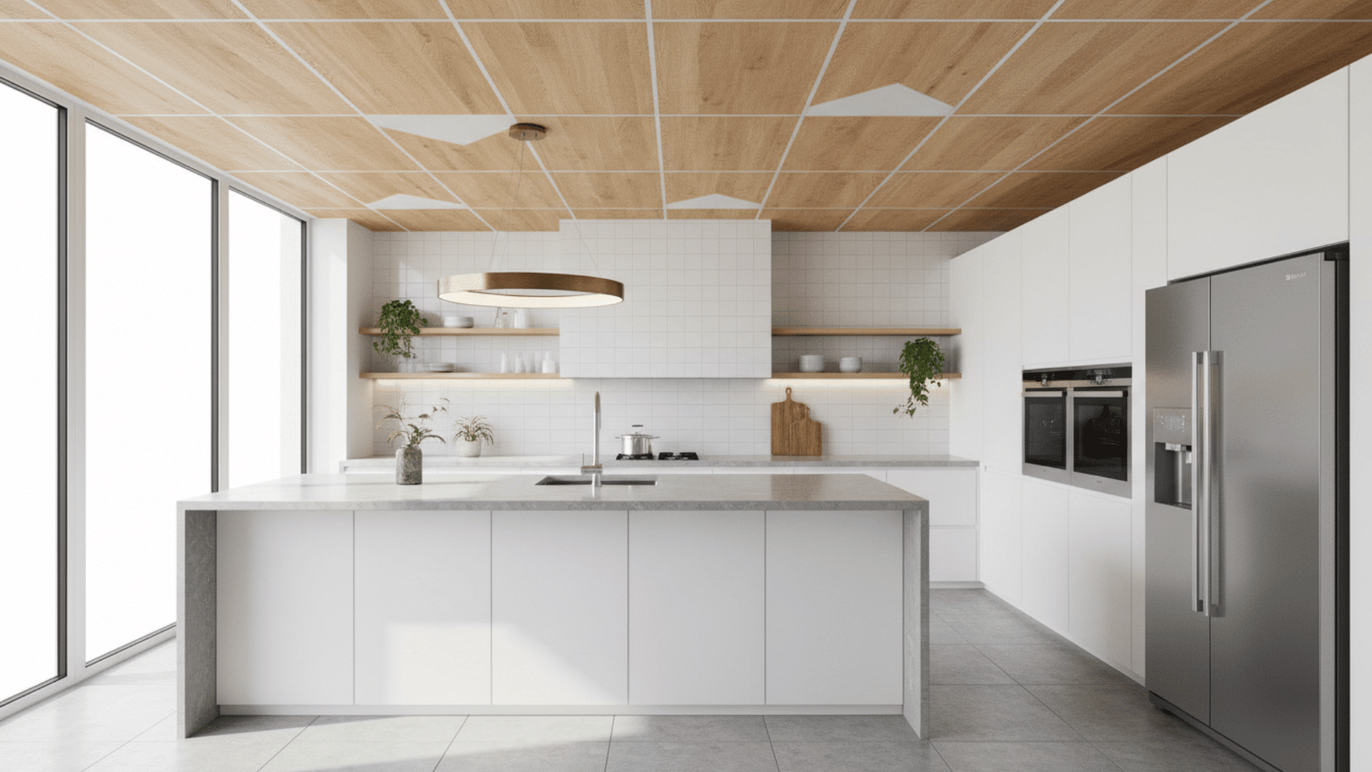 A modern kitchen with water-resistant PVC ceiling panels woodgrain textures and subtle geometric patterns.