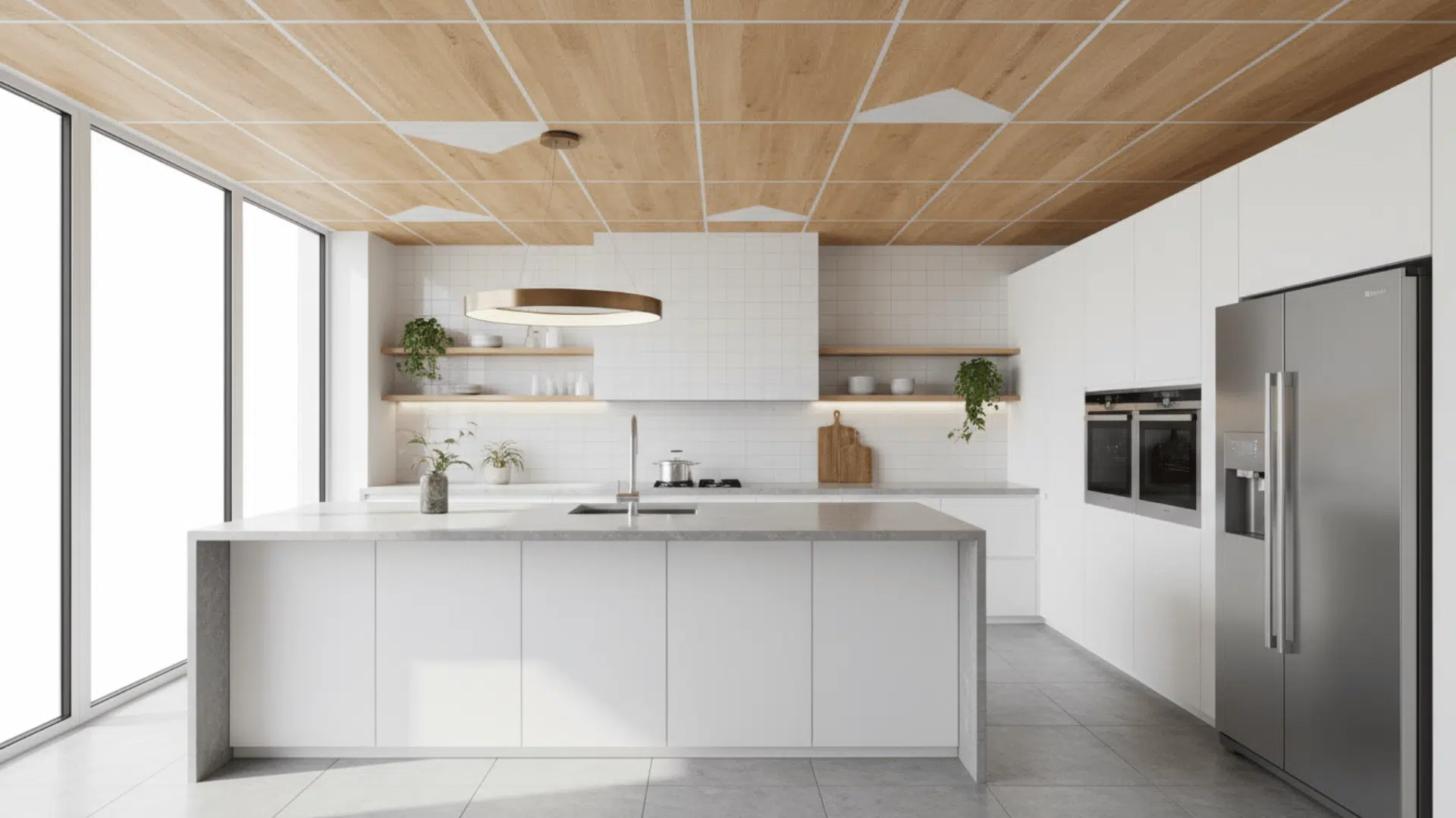 A modern kitchen with water-resistant PVC ceiling panels woodgrain textures and subtle geometric patterns.