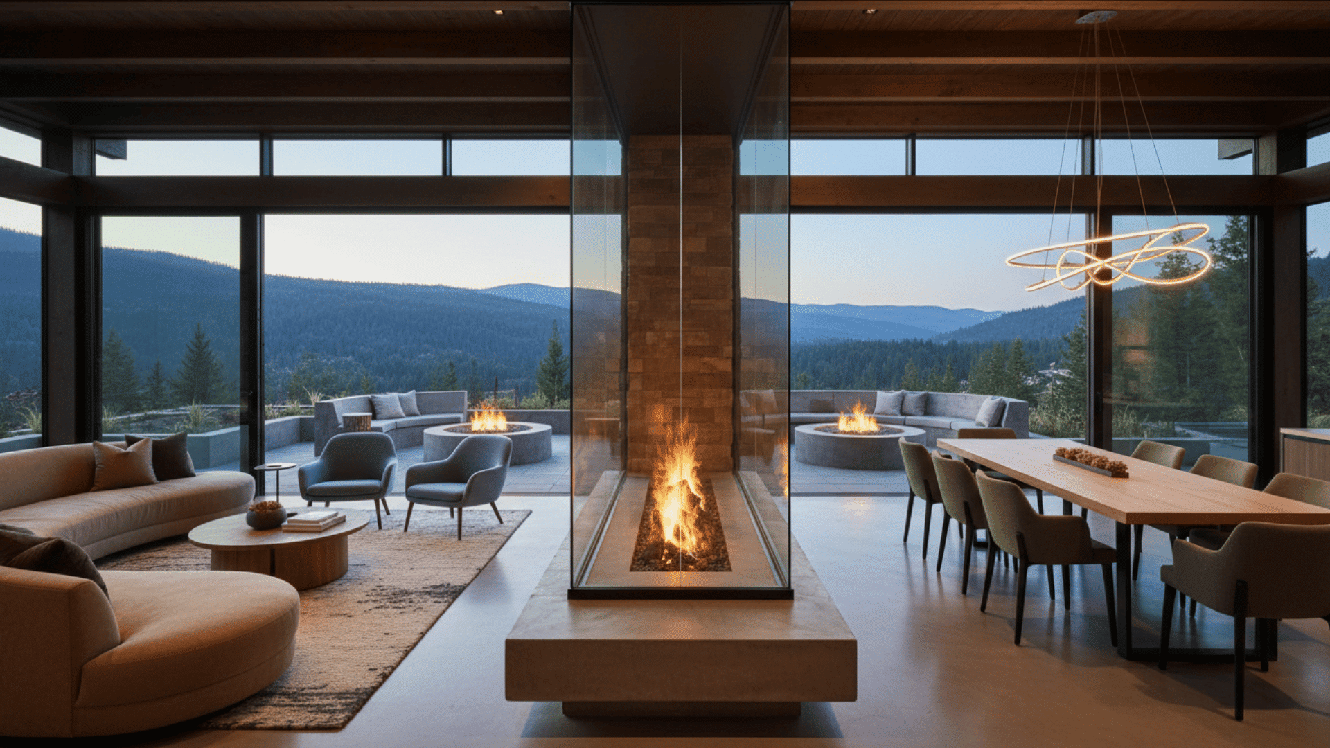a modern living and dining area with a central glass fireplace and floor-to-ceiling windows opening to an outdoor patio with round fire pits and mountain views