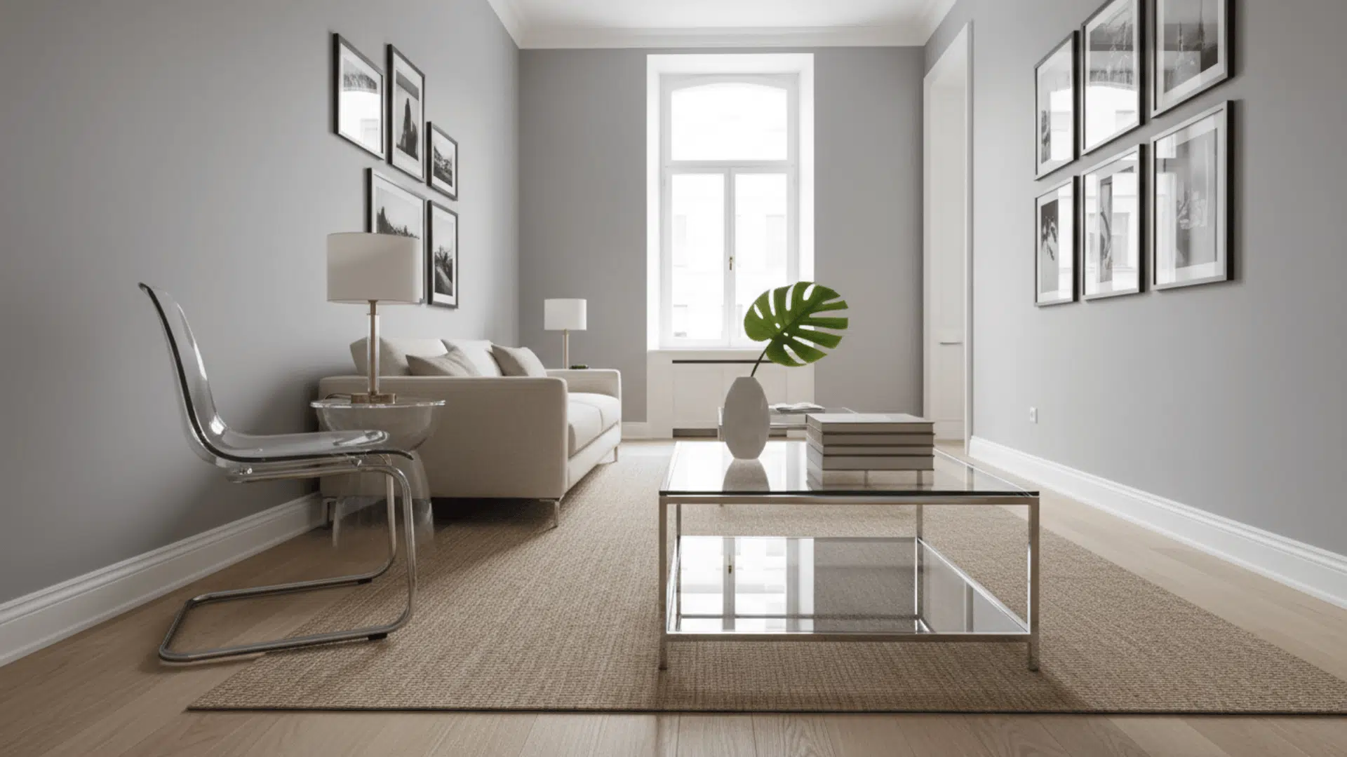 a modern living room with a beige sofa glass coffee table framed wall art clear chair large window and potted plant