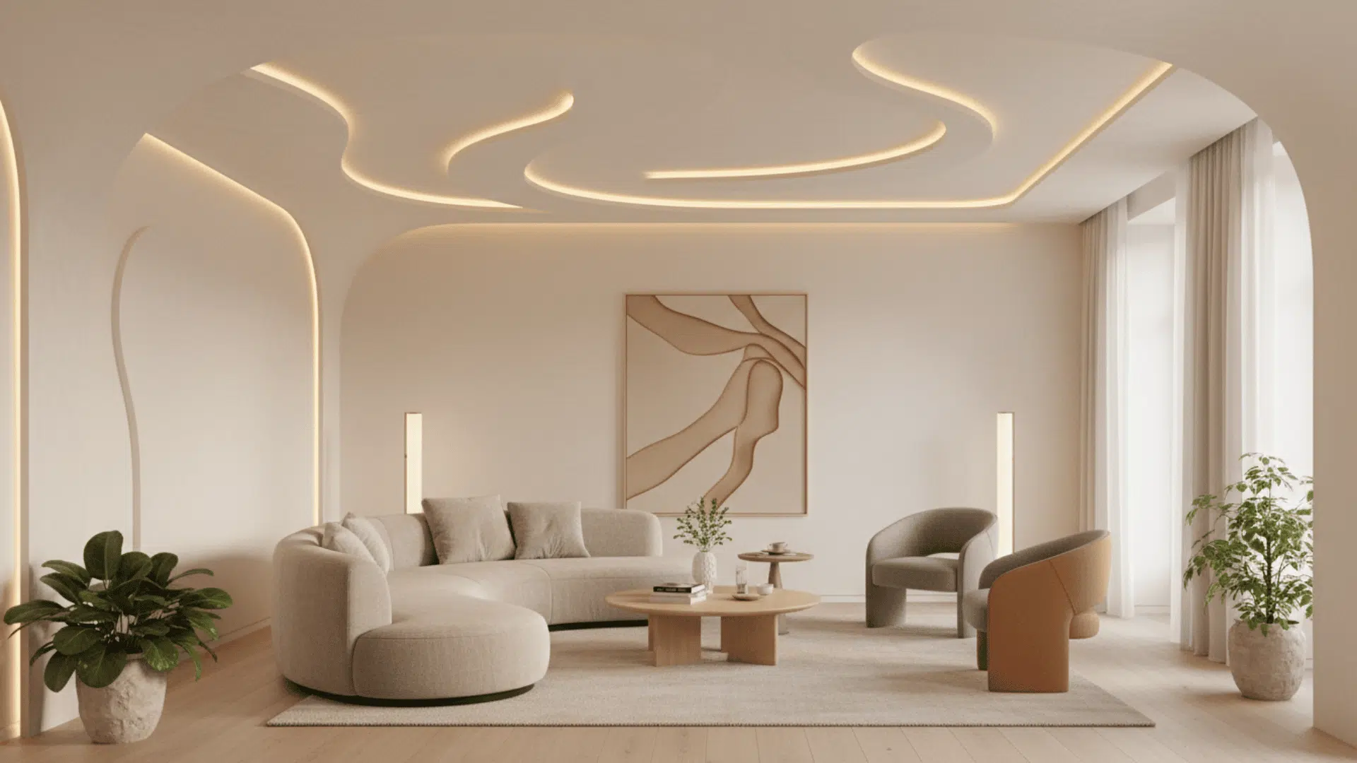 A modern living room with a curved Plaster of Paris ceiling, soft arches, and flowing edges. Warm ambient light highlights the smooth curves
