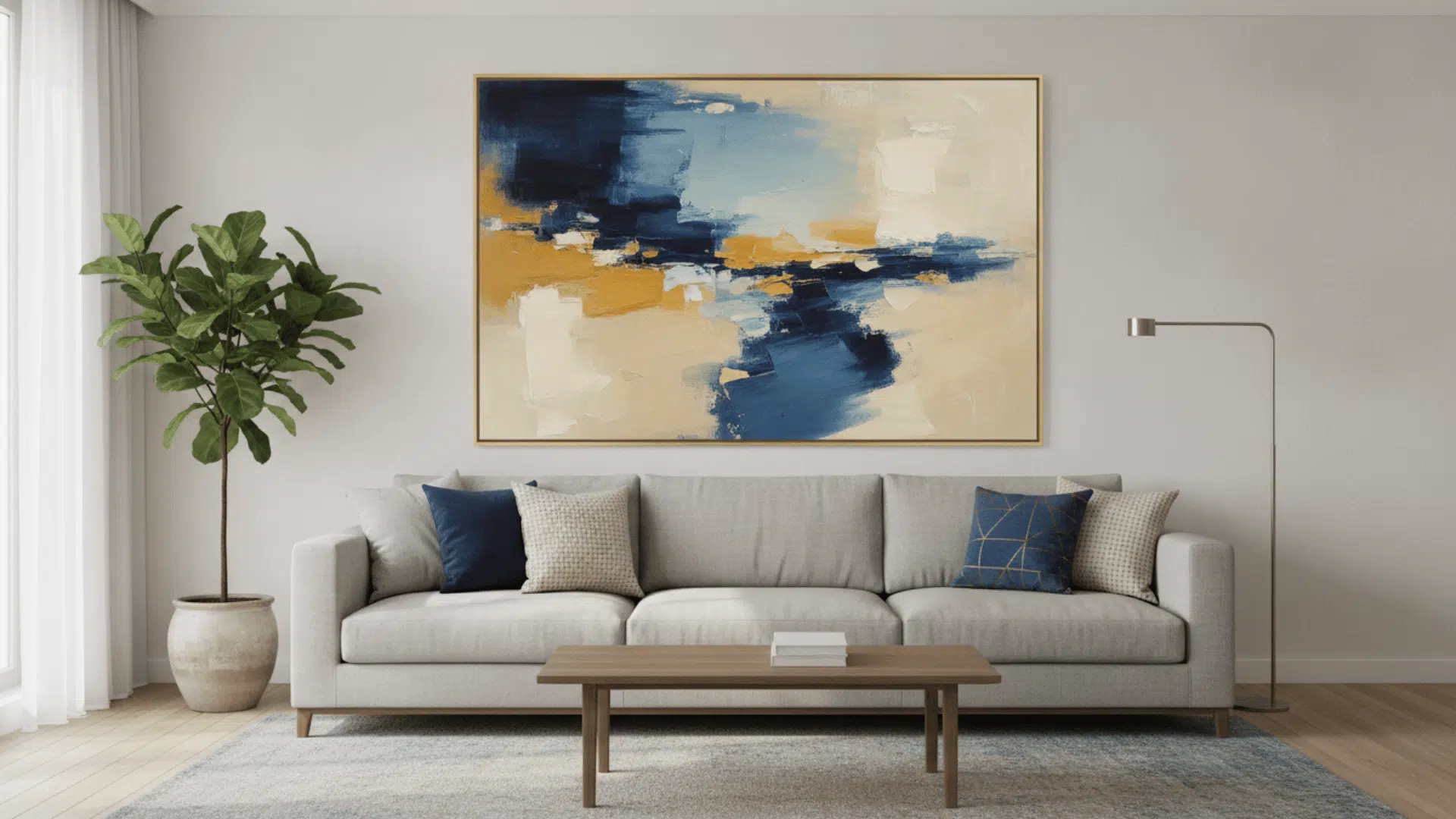 a modern living room with a gray sofa abstract wall art potted tree wooden coffee table floor lamp and blue rug