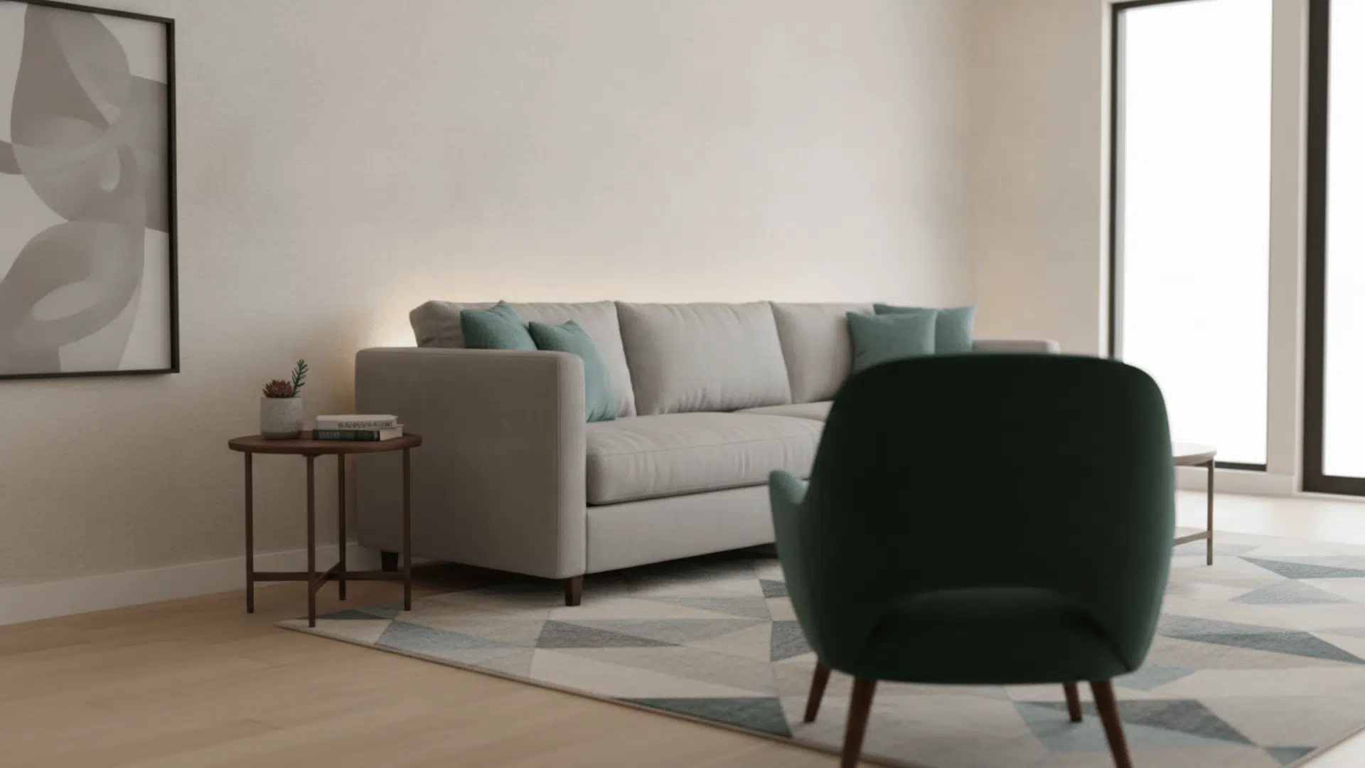 a modern living room with gray sofa teal pillows green chair abstract wall art side table and geometric rug