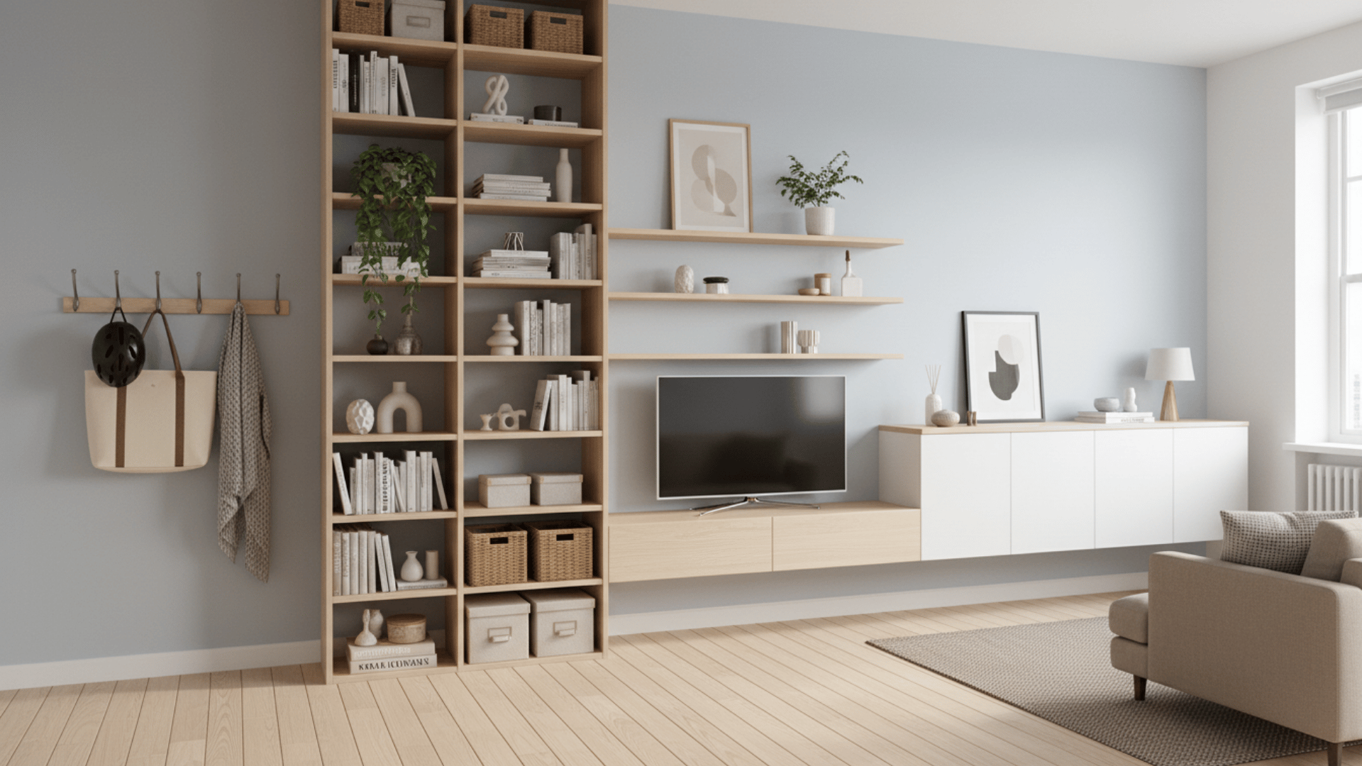 a modern living room with tall shelving tv floating cabinet wall hooks potted plants baskets and light wood floor