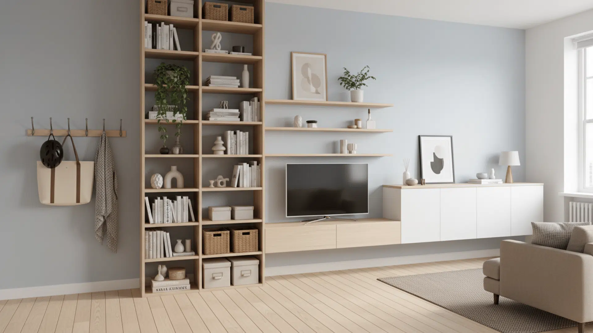 a modern living room with tall shelving tv floating cabinet wall hooks potted plants baskets and light wood floor