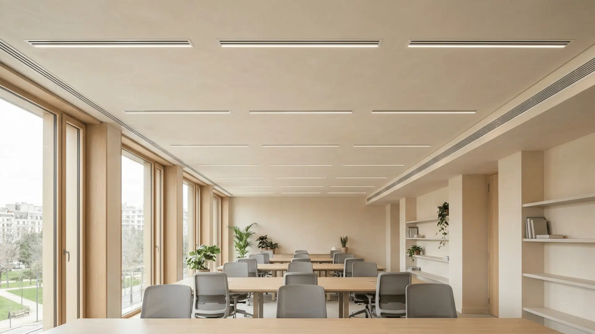 A modern office with ceiling featuring thin linear slots running parallel across the surface.