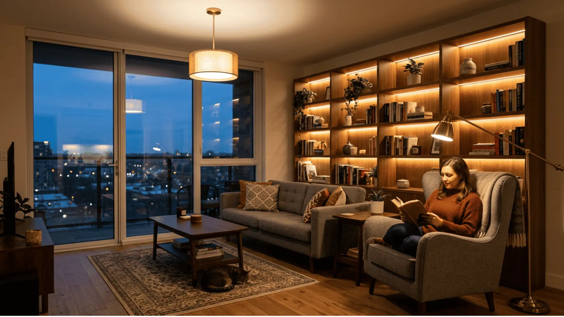 _a modern open plan loft apartment at night with a sectional sofa a media wall with floating shelves and led lighting a pendant light and floor to ceiling city views