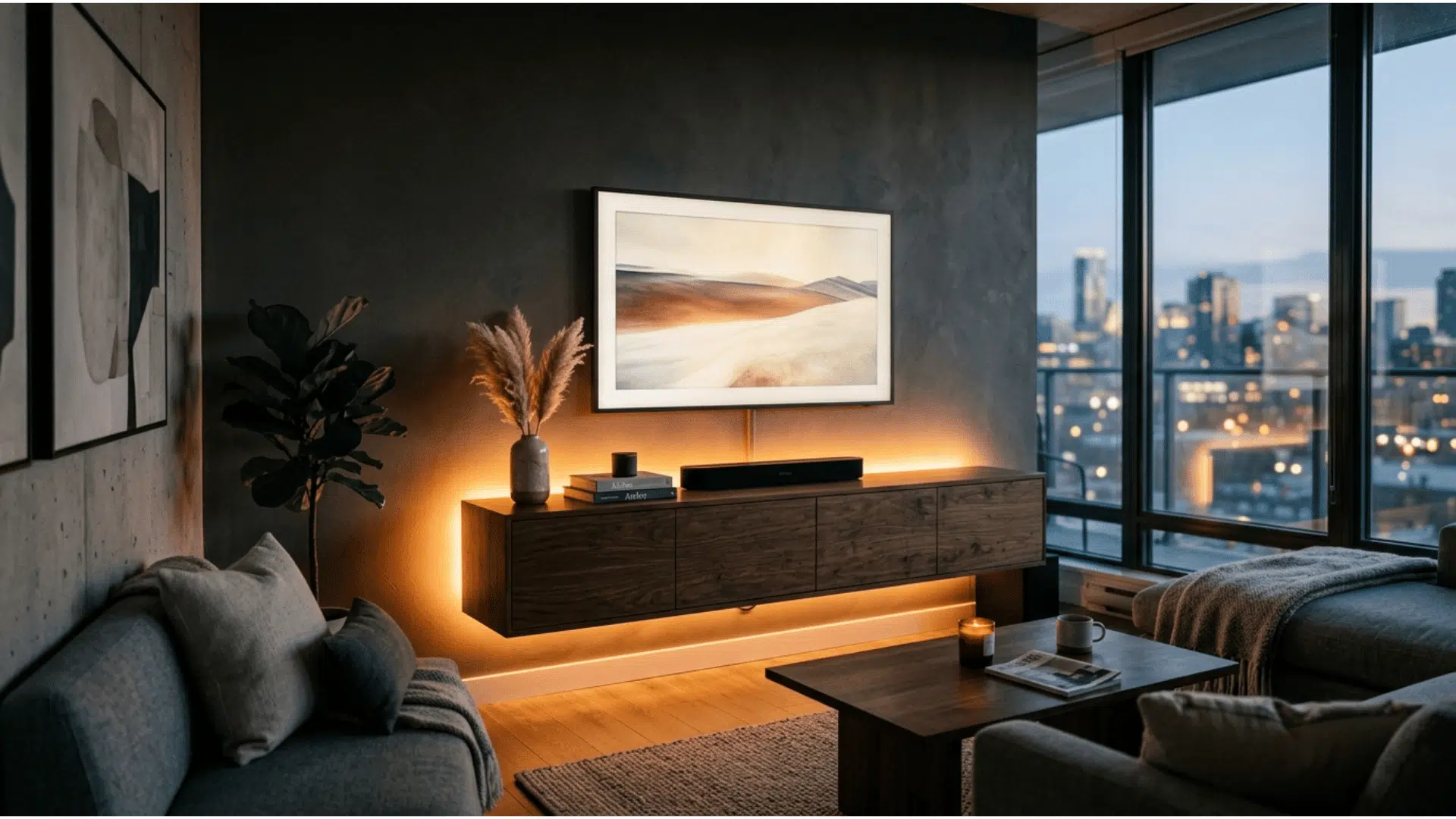 a modern open plan loft apartment at night with a sectional sofa a media wall with floating shelves and led lighting a pendant light and floor to ceiling city views