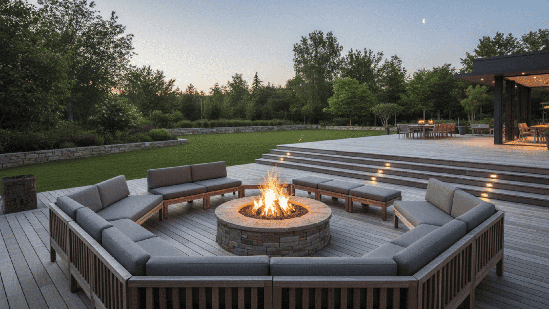 a modern outdoor patio with a circular fire pit surrounded by gray cushioned wooden seating and a large wooden deck