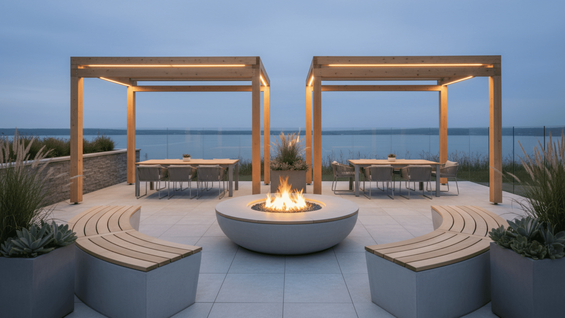 a modern outdoor patio with a round fire pit and curved wooden benches under two pergolas with ocean views