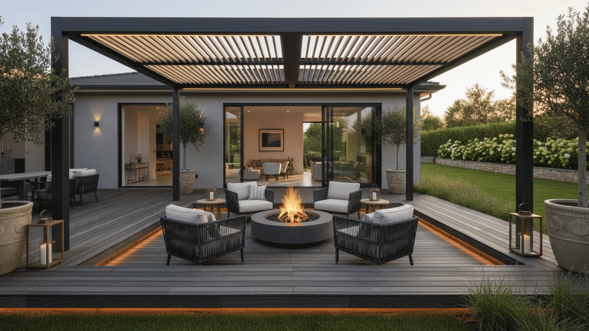 a modern outdoor patio with a round fire pit and gray cushioned chairs under a pergola on a wooden deck