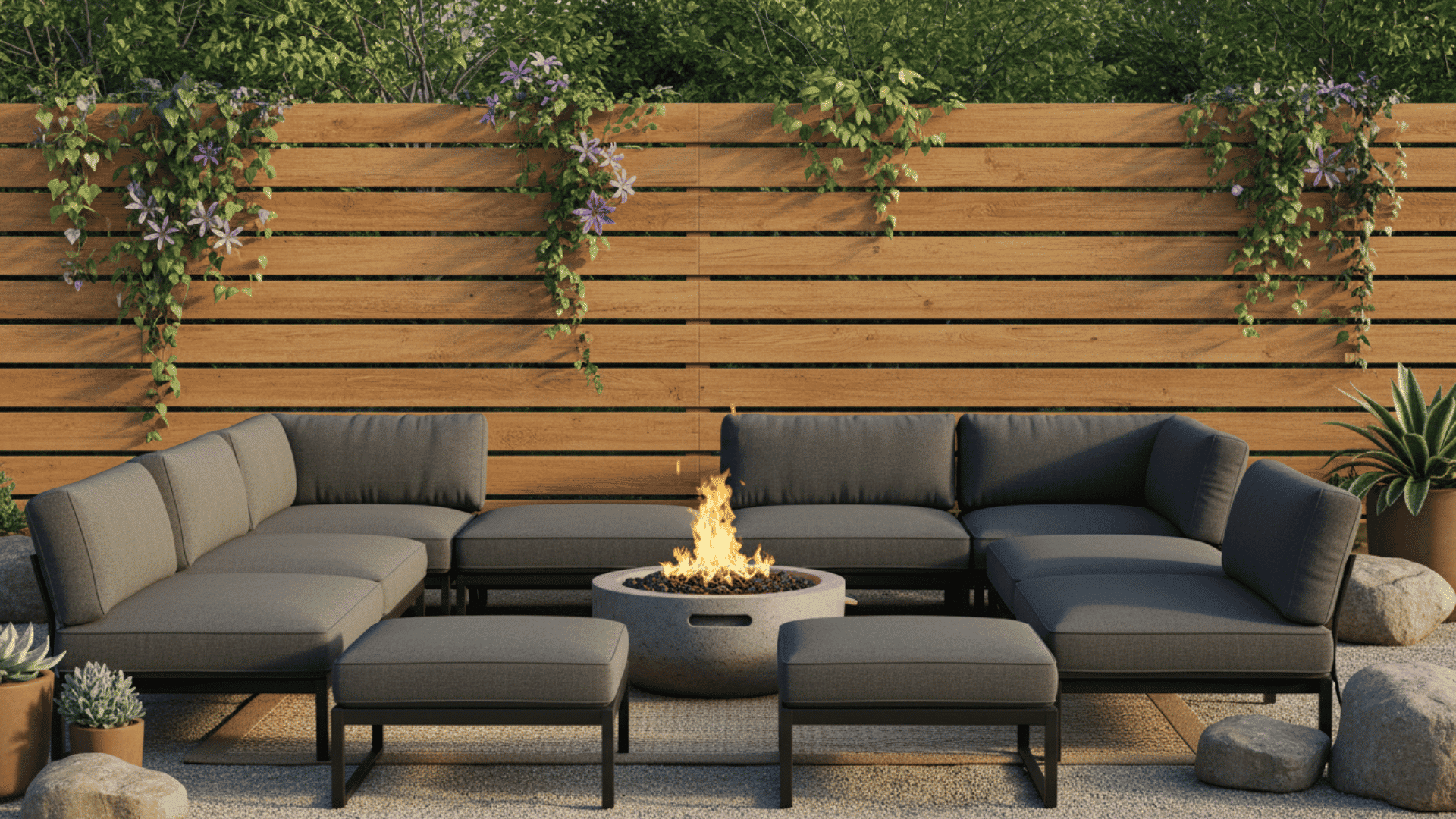 a modern outdoor patio with a round fire pit and gray cushioned sectional seating against a wooden fence with potted plants