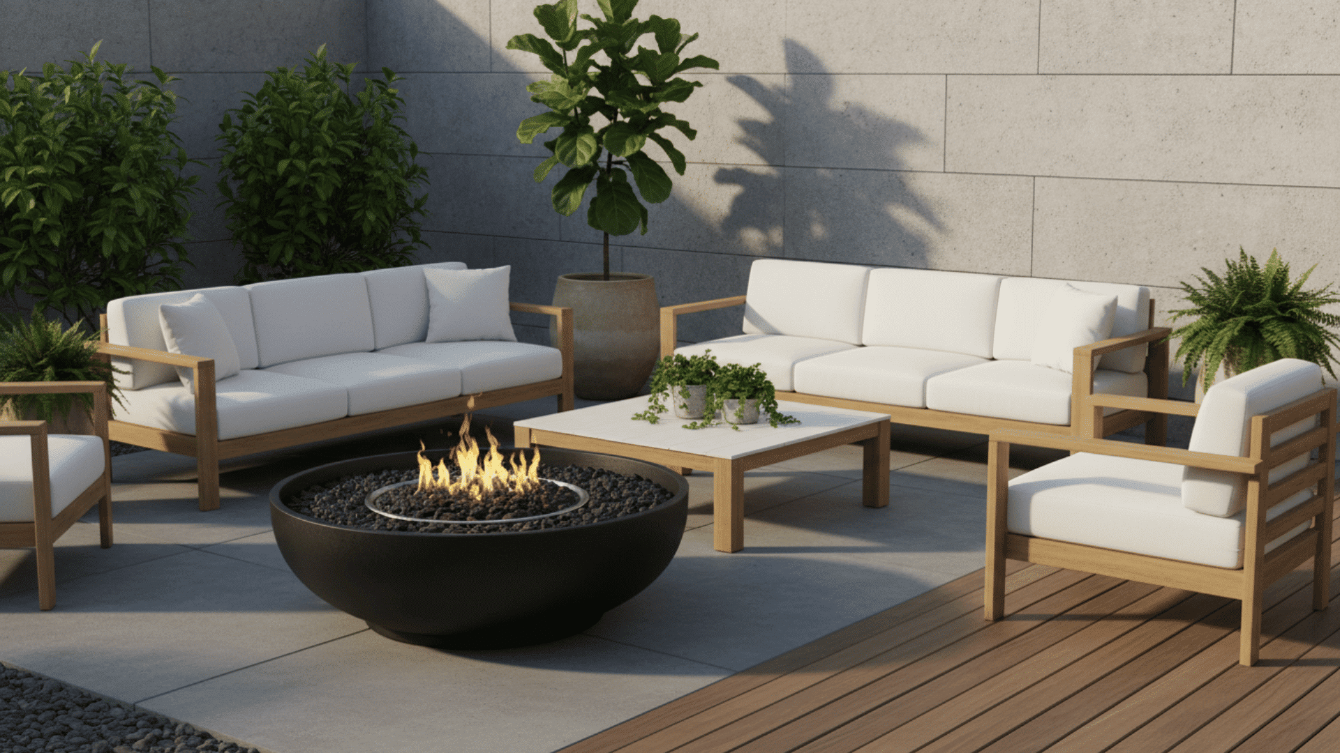 a modern outdoor patio with a round fire pit and white cushioned wooden seating surrounded by potted plants