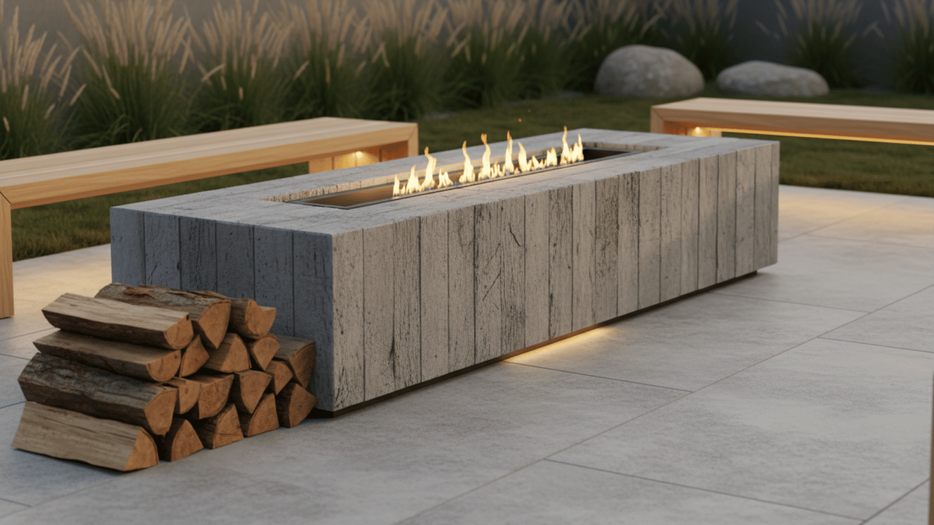 a modern rectangular outdoor fire pit with stacked firewood and wooden benches on a tiled patio