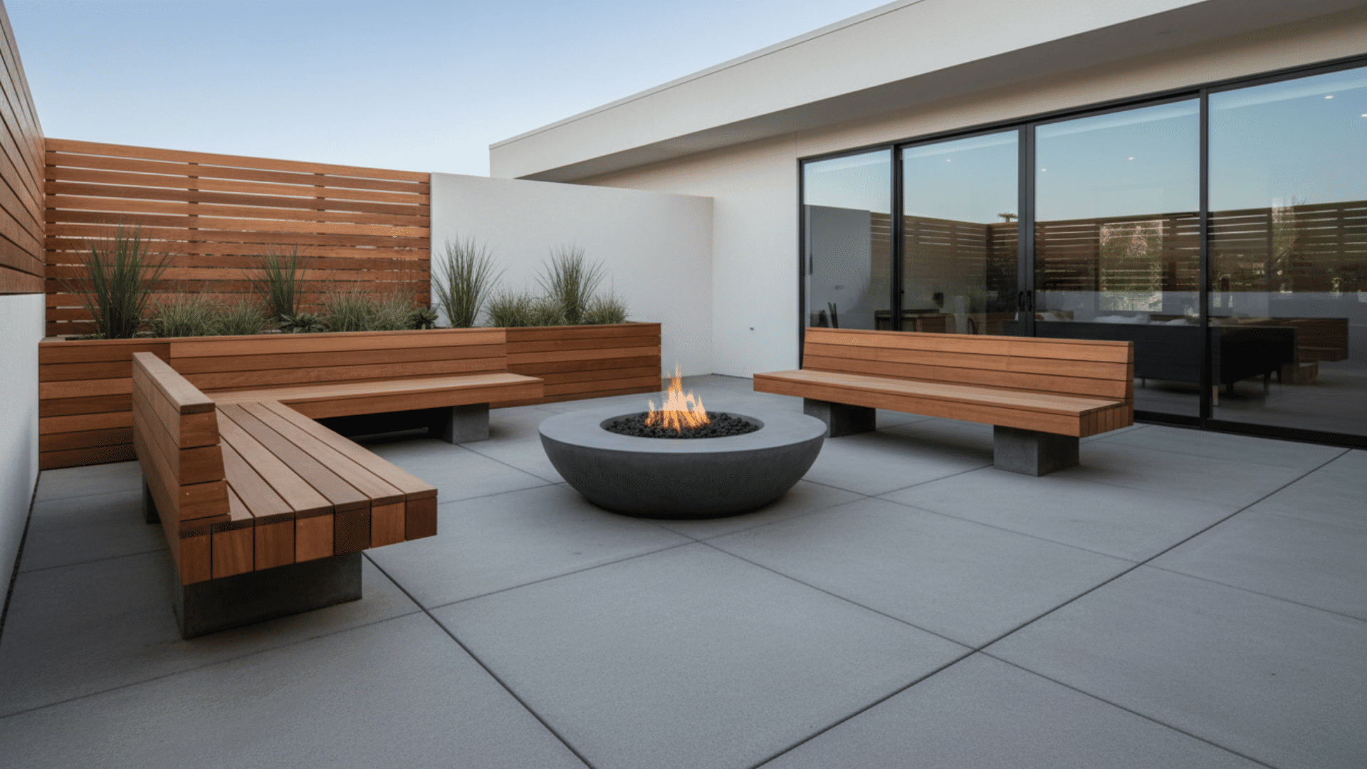 a modern rooftop patio with a round fire pit and wooden benches on a gray tiled floor