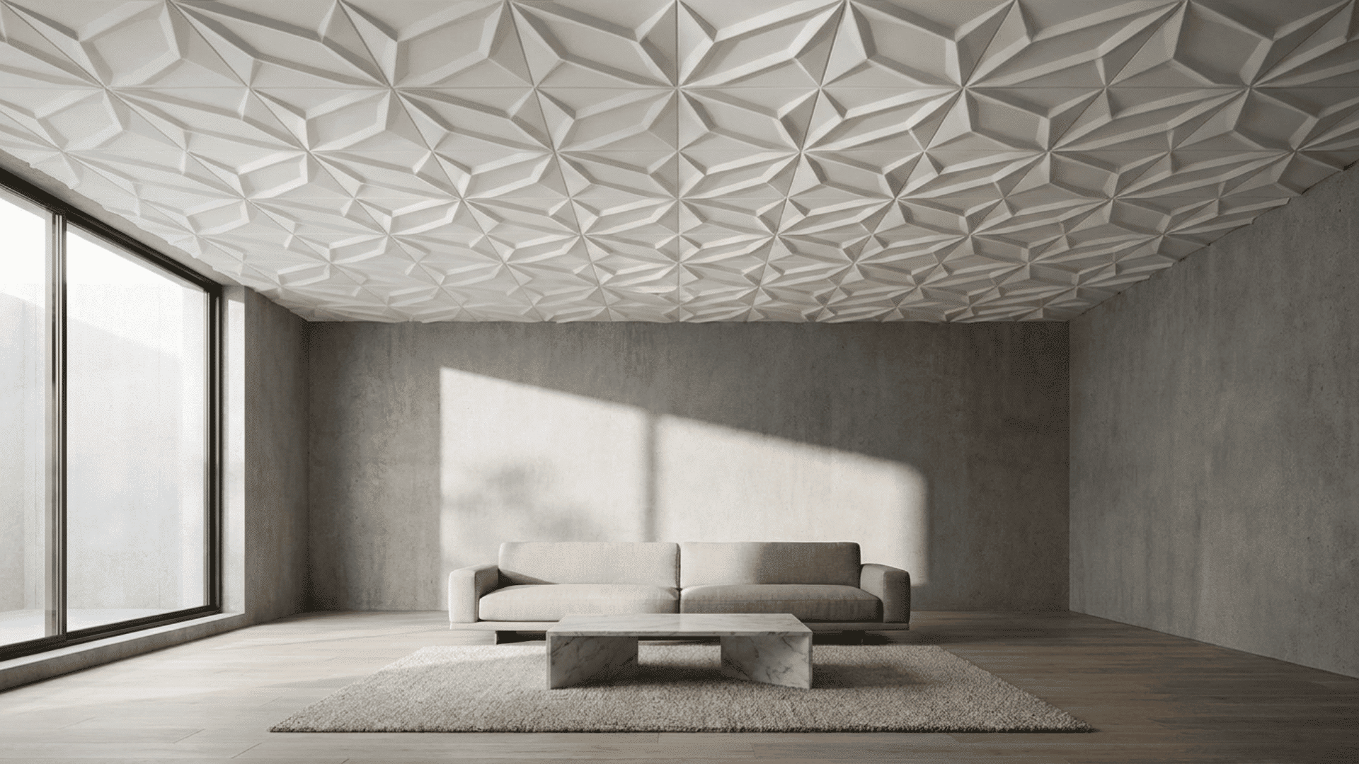 A modern room with three-dimensional ceiling tiles featuring geometric relief patterns.
